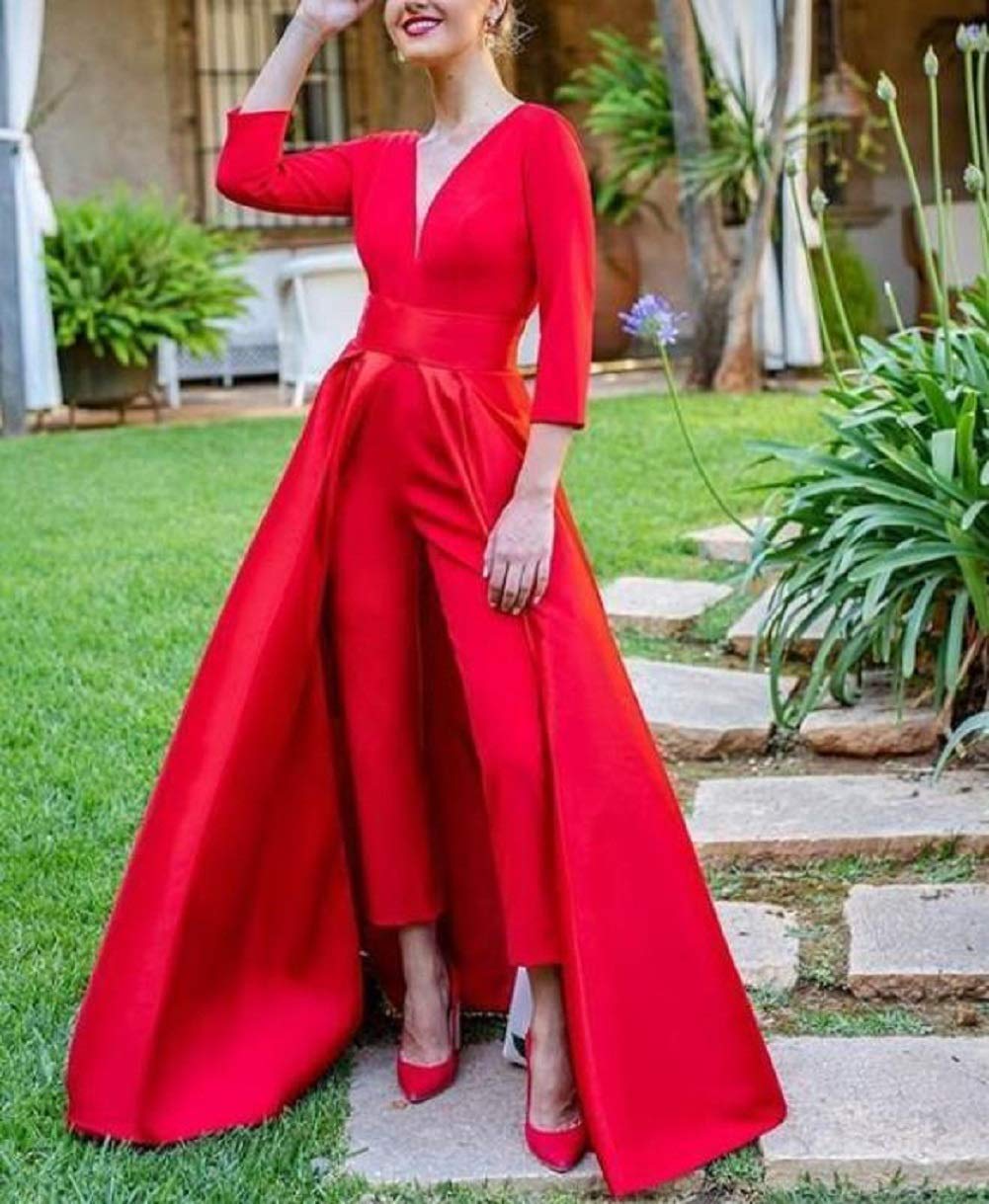 VeraQueen Women's Elegant Double V-Neck Jumpsuit with Detachable Skirt - 3/4 Sleeve Satin Prom Dress & Pantsuit for Evening Parties, Weddings & Formal Events
