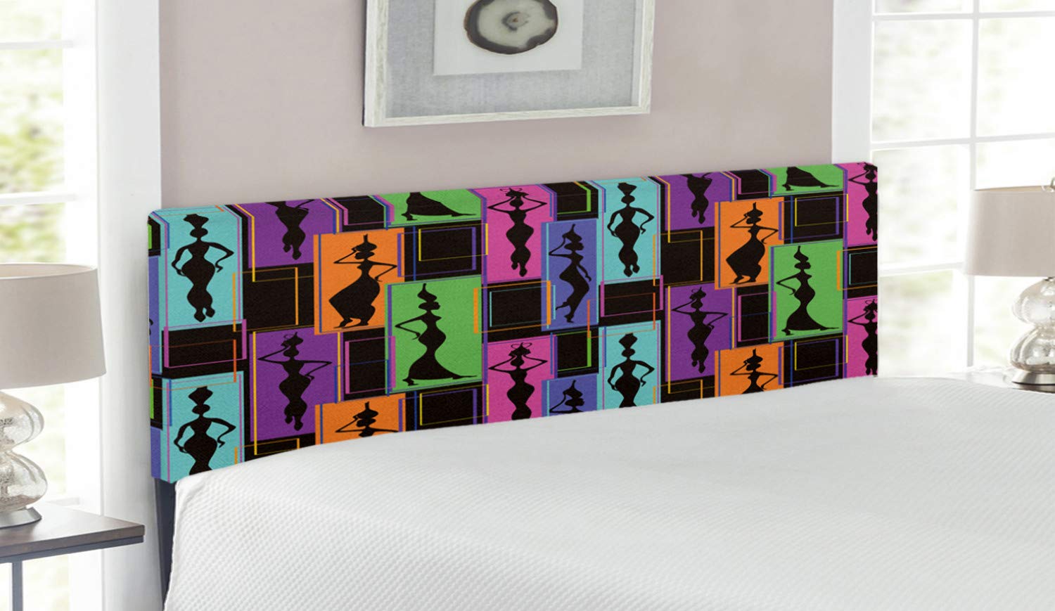 Ambesonne African Queen Size Headboard - Colorful Abstract Geometric Design with Women Carrying Vases, Upholstered Metal Bed Frame with Memory Foam | Perfect for Boho Chic & Ethnic Bedroom Decor | Home Decor Gift Idea