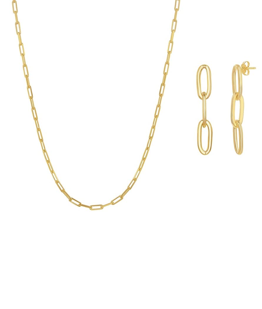 14K Gold Plated Sterling Silver Paperclip Chain Necklace & Earrings Set for Women - Trendy Minimalist Jewelry for Everyday Wear, Office, and Special Occasions