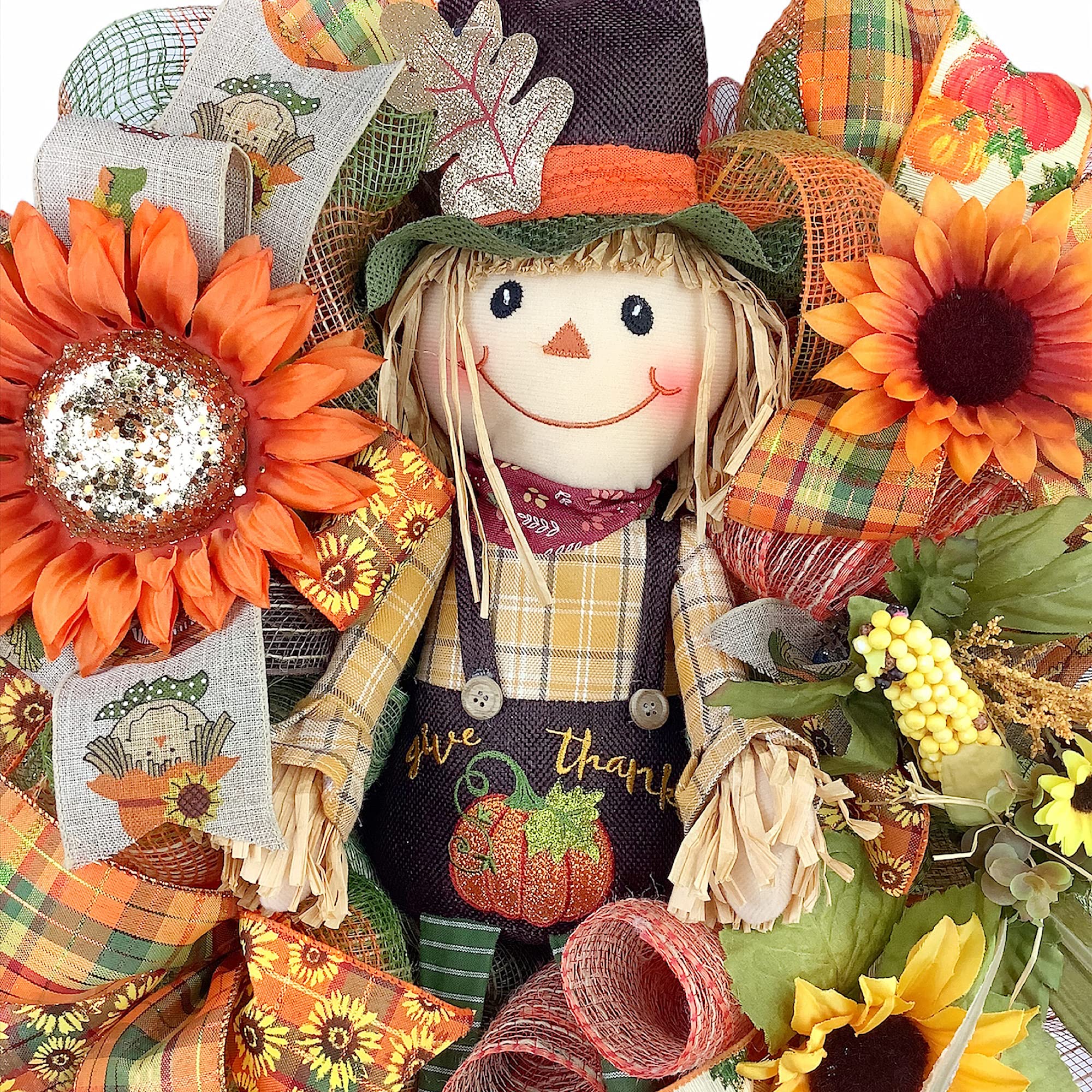 Handmade Fall Scarecrow Wreath with Sunflowers, Autumn Leaves & Bow - Rustic Front Door Decor for Autumn Season | Perfect for Thanksgiving, Halloween & Seasonal Home Decoration