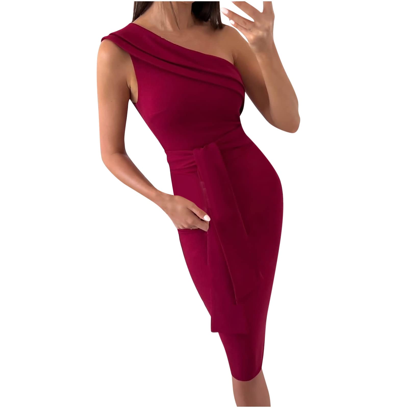 Sexy One Shoulder Midi Dress for Women - Tie Waist Sleeveless Ruched Bodycon Cocktail Dress | Perfect for Night Out, Party, Date Night & Special Occasions