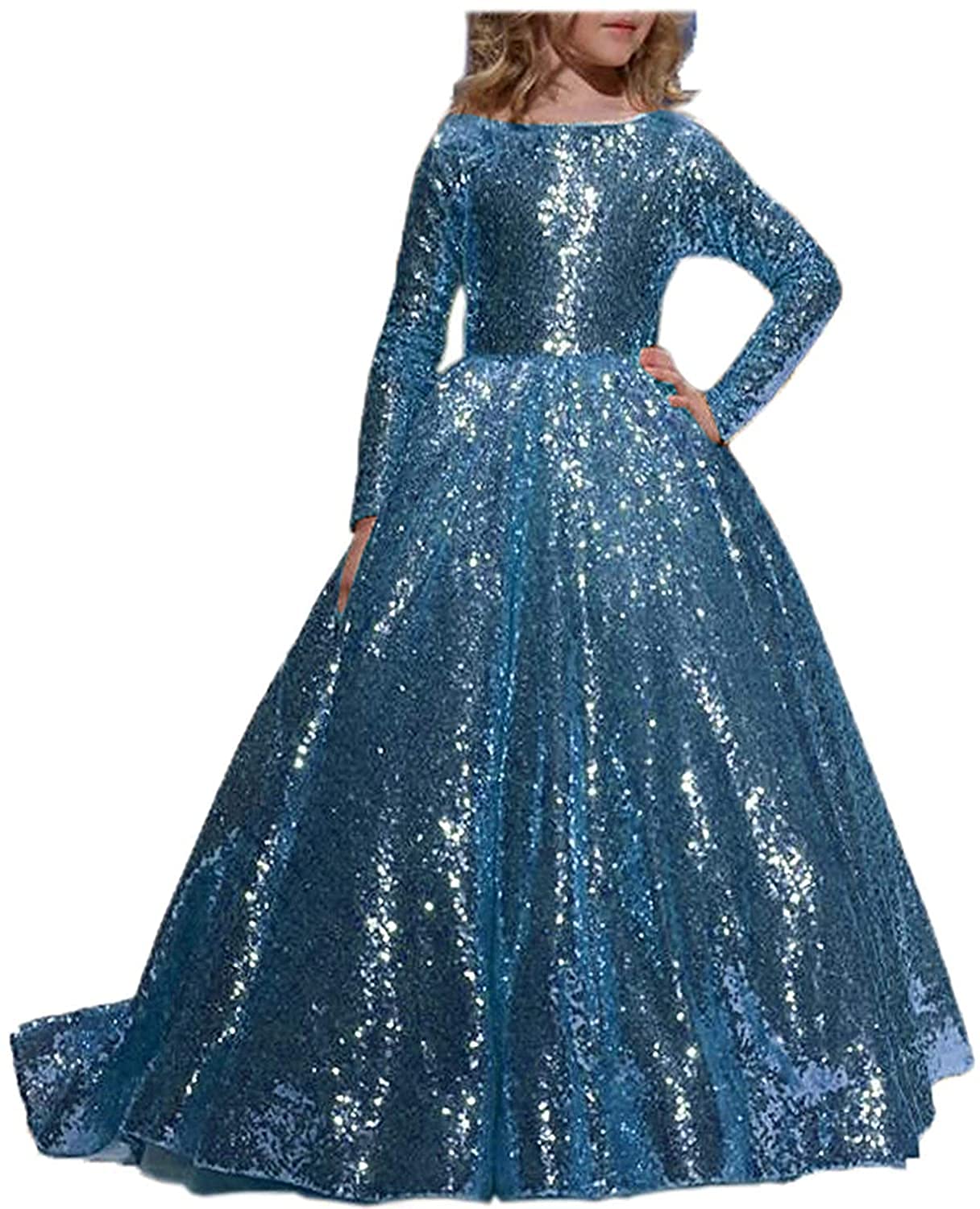 **SHENLINQIJ Girls' Sparkly Sequins Flower Girl Dress - Elegant Long Sleeve Pageant Gown for Birthday Party, Wedding, and Formal Events**