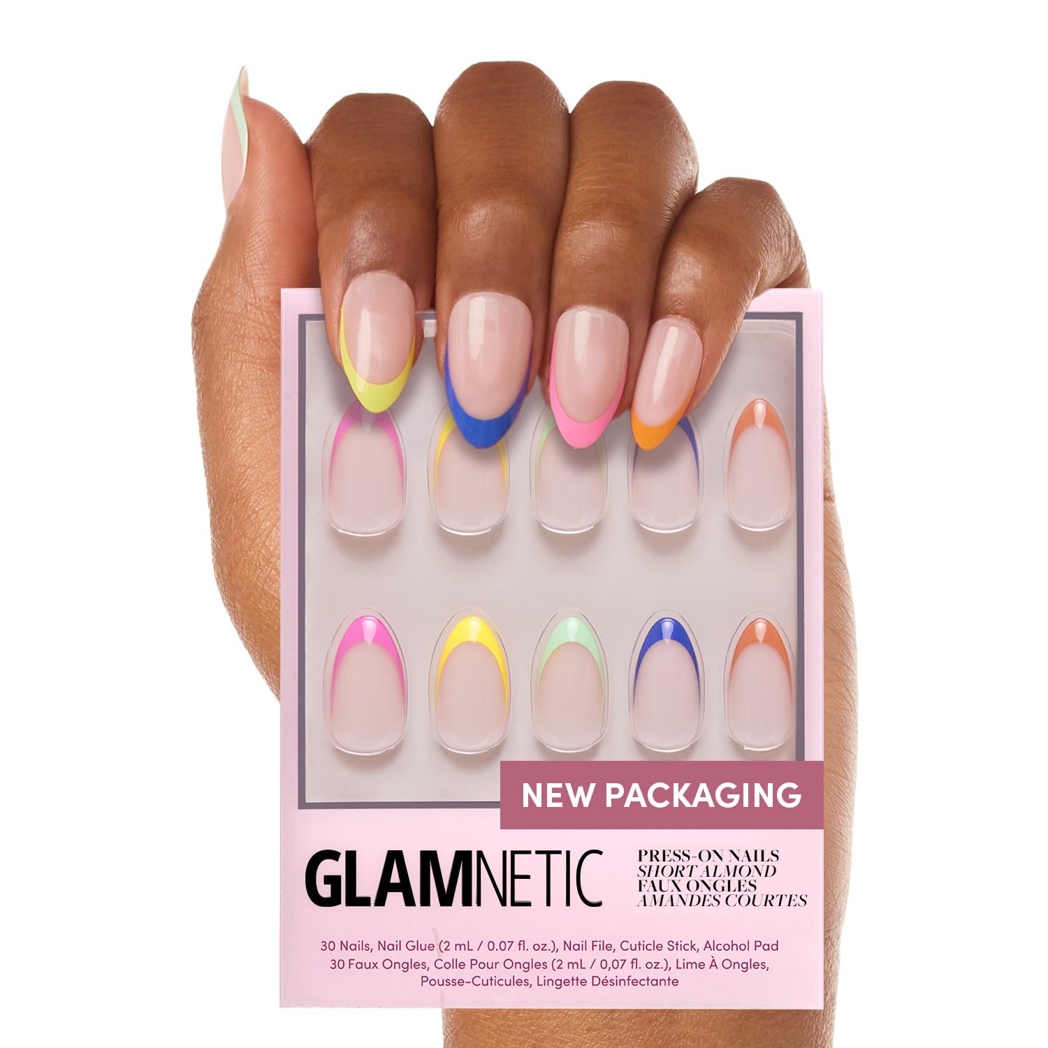 Glamnetic Press On Nails - Rainbow French Tip Artificial Nails with UV Finish, Short Pointed Almond Shape, Reusable Semi-Transparent Fake Nails in 12 Sizes (24-Piece Kit with Glue) | Perfect for Parties, Weddings, and Everyday Glam