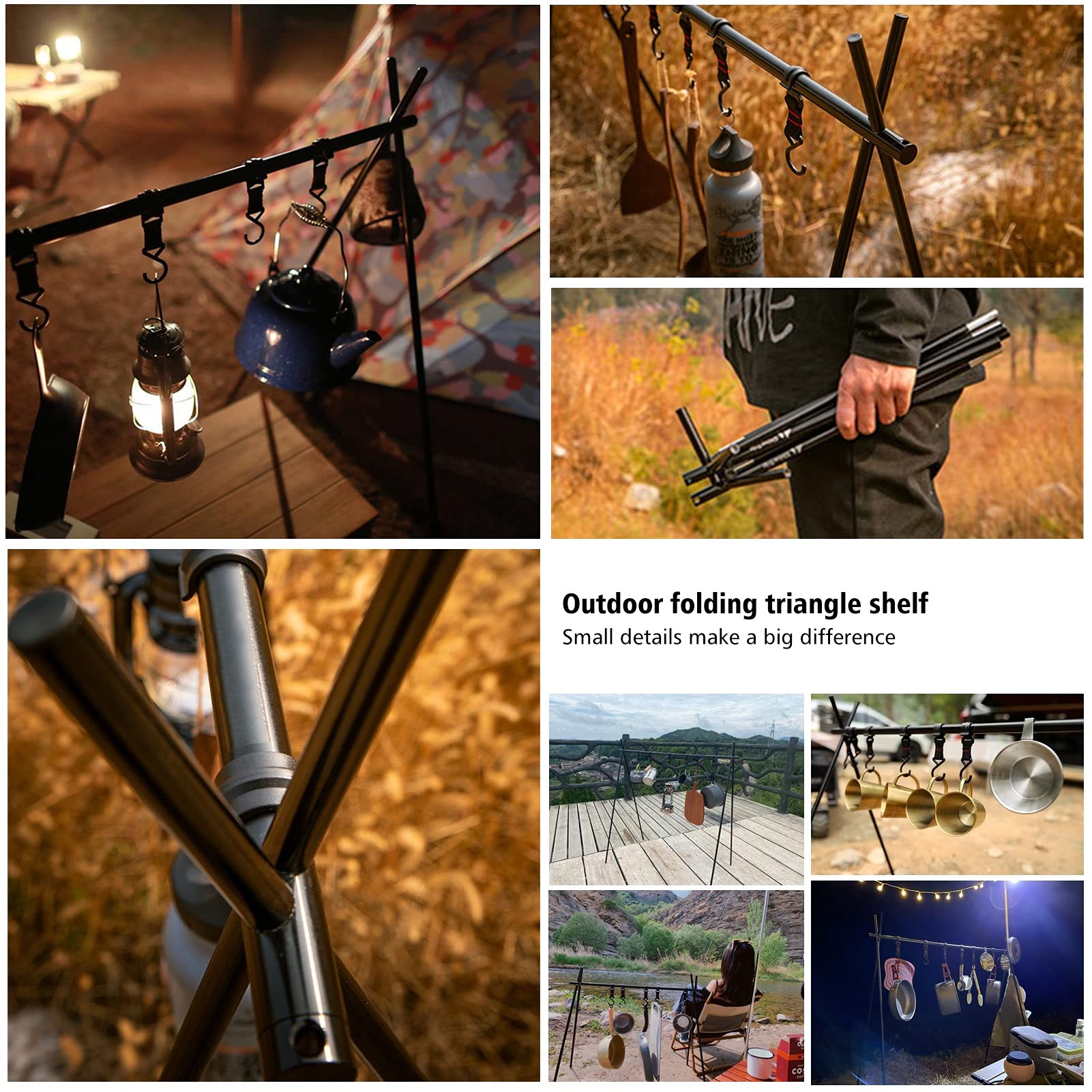 **Foldable Camping Cookware Hanging Rack - Portable Triangle Storage Shelf with Hooks for Outdoor Cooking Gear | Perfect for Backpacking, Hiking & Camping Trips (Medium Size)**