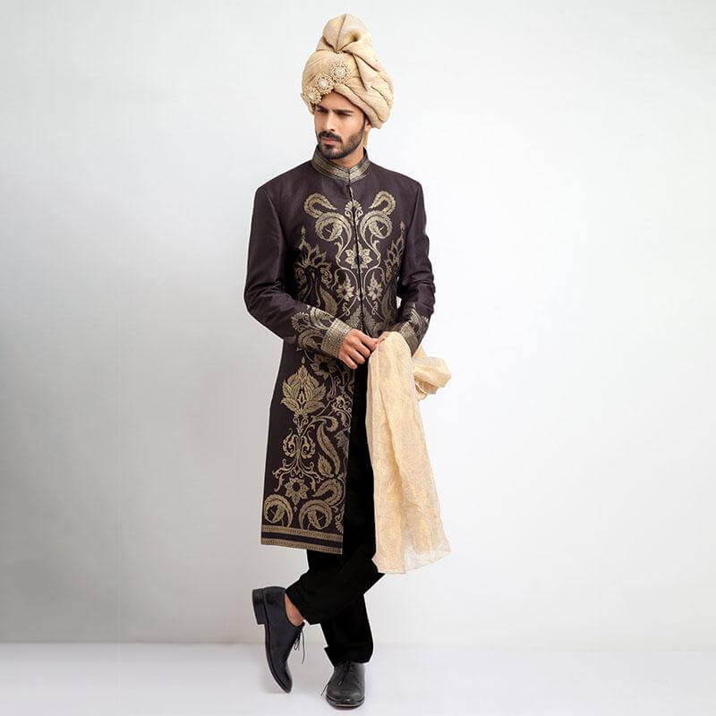 Antique Dull Gold and Charcoal Brocade Sherwani for Men | Traditional Indian Wedding Attire | Perfect for Ethnic Weddings, Festivals & Special Occasions