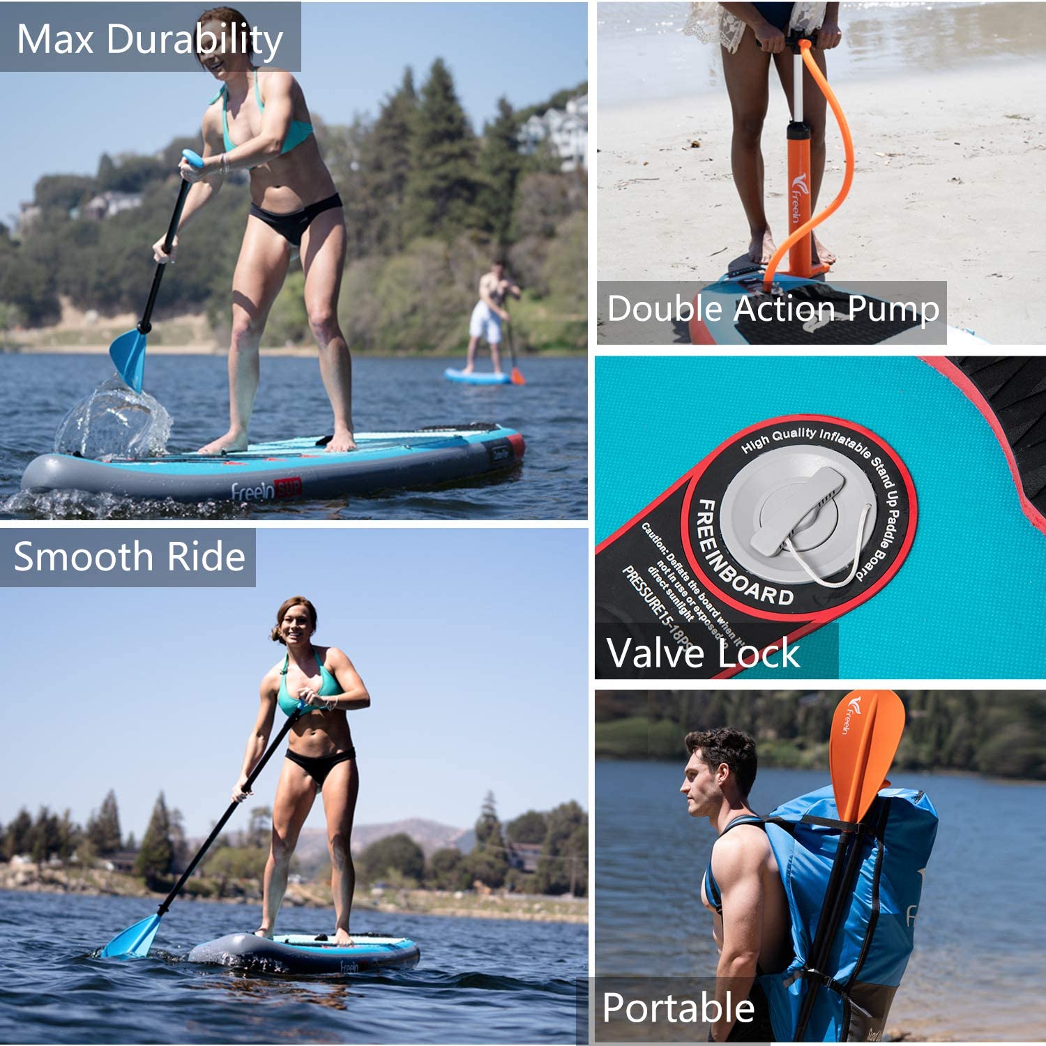Freein 11' Explorer Inflatable Stand Up Paddle Board with Dual Action Pump & Camera Mount - Light Blue SUP Package for Lakes, Rivers & Ocean Paddling