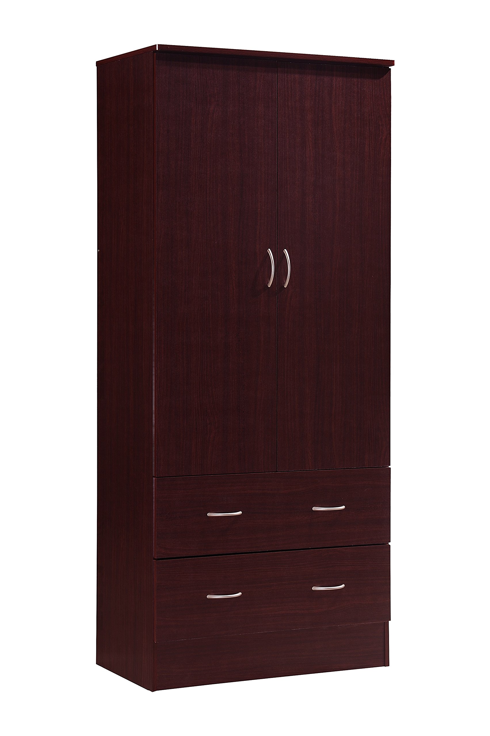 HODEDAH 2-Door Wardrobe with 2 Drawers & Hanging Rod - Mahogany Finish Closet Organizer for Bedroom, Living Room, or Entryway Storage