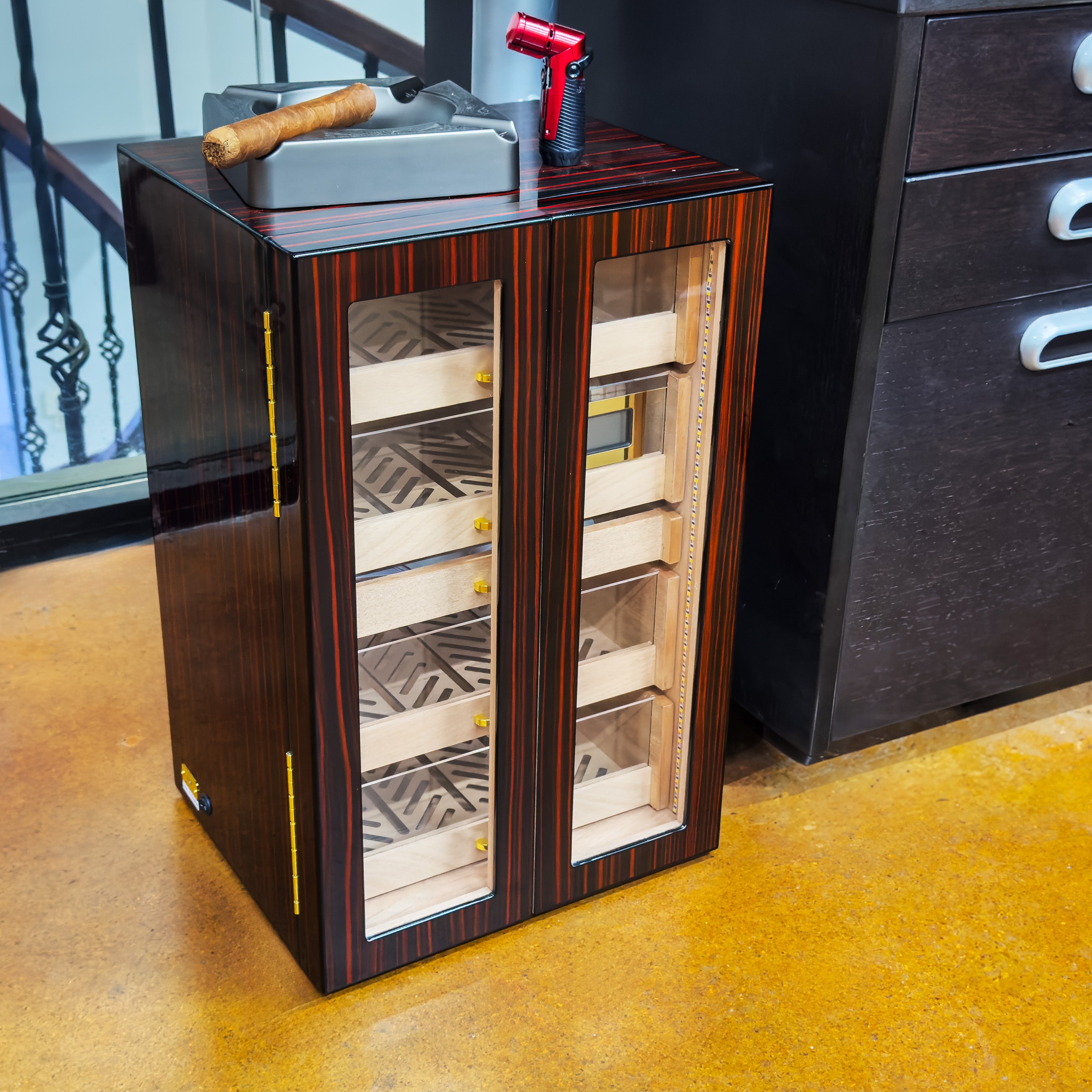 Premium Visol Allen Macassar Ebony Wood Cabinet Humidor - 200 Cigar Capacity | Luxury Cigar Storage for Home, Office & Smoking Lounge