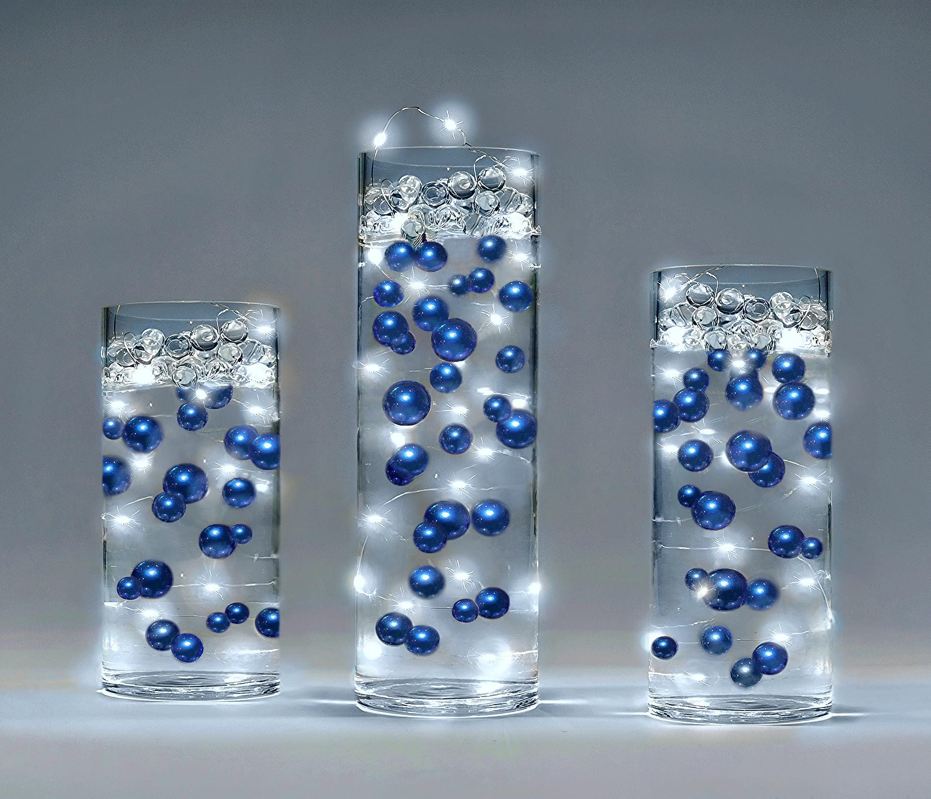 300 Floating Royal Blue & Navy Pearls - Large Size Pearls with Transparent Water Gel Kit for Stunning Floating Effect - Fills 4 Gallons for Vases - Includes White Submersible Fairy Lights - Perfect for Wedding Centerpieces, Home Decor & Spa Relaxation