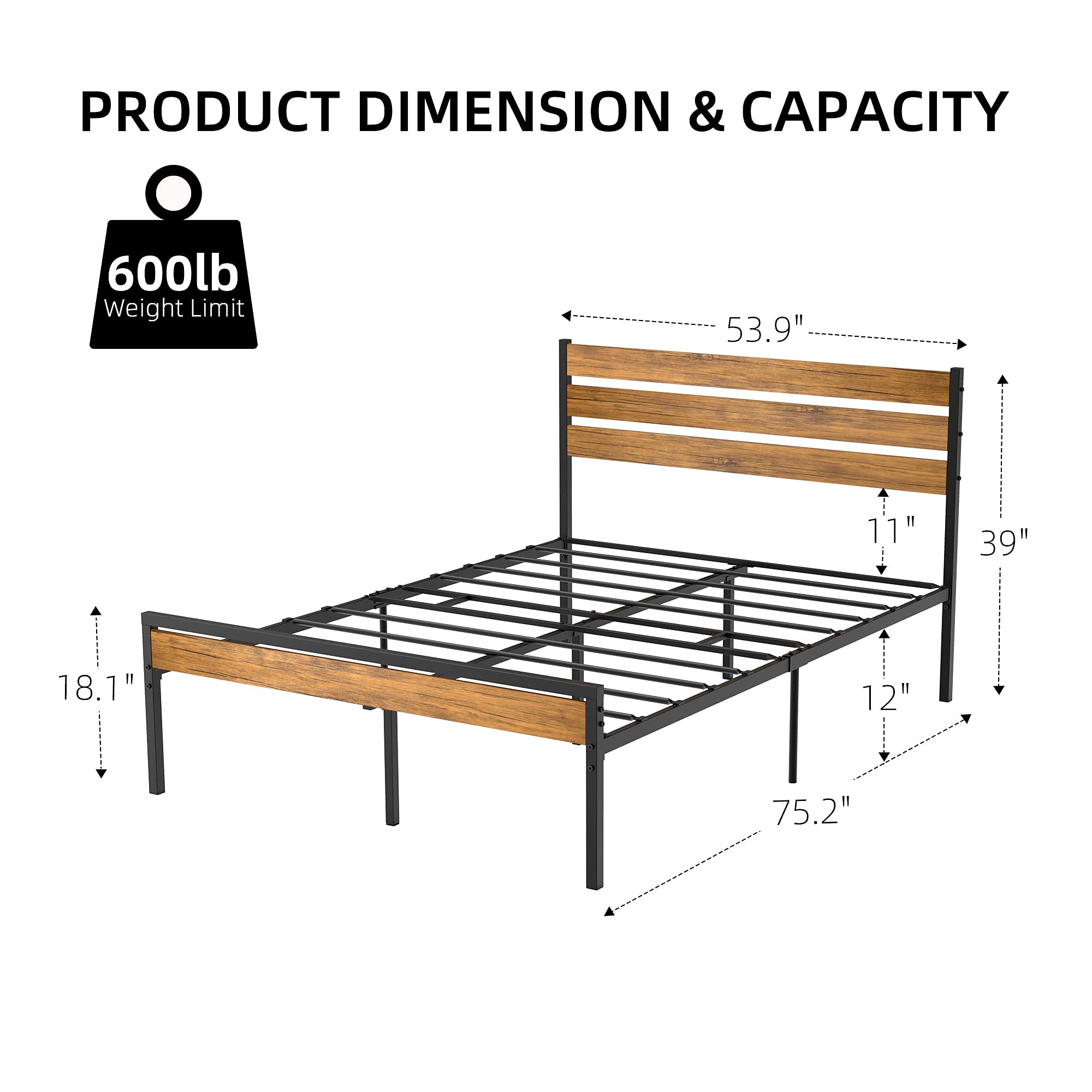 Full Bed Frame with Wood Headboard & Metal Slats - Sturdy Platform Bed with Storage Space, No Box Spring Required | Perfect for Small Bedrooms, Guest Rooms & Apartments