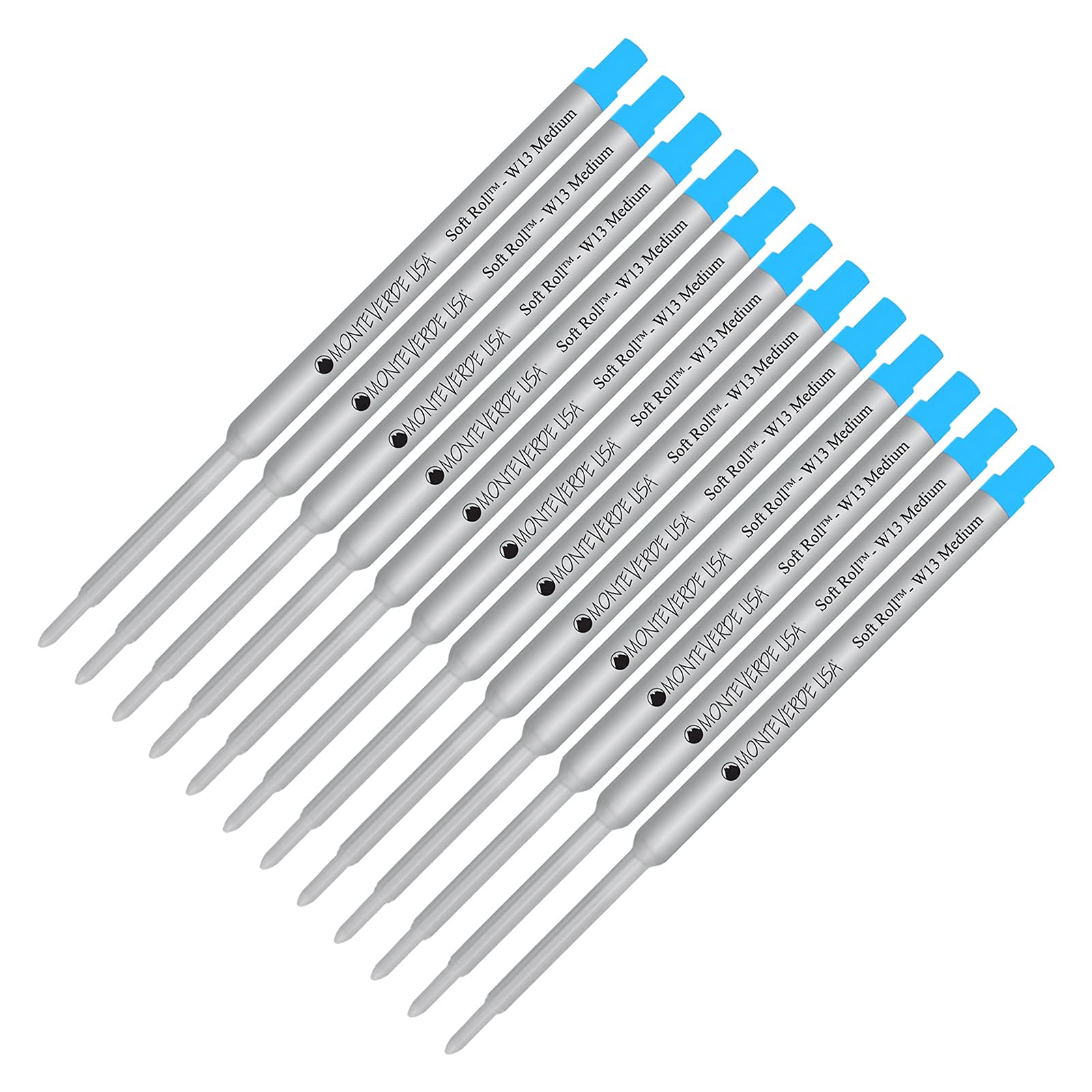 Monteverde Soft Roll Ballpoint Ink Refills 12 Pack - W13 Paste Ink Compatible with Waterman Style Pens - Turquoise Medium Tip 0.7mm - Smooth Writing for Office, School & Everyday Use