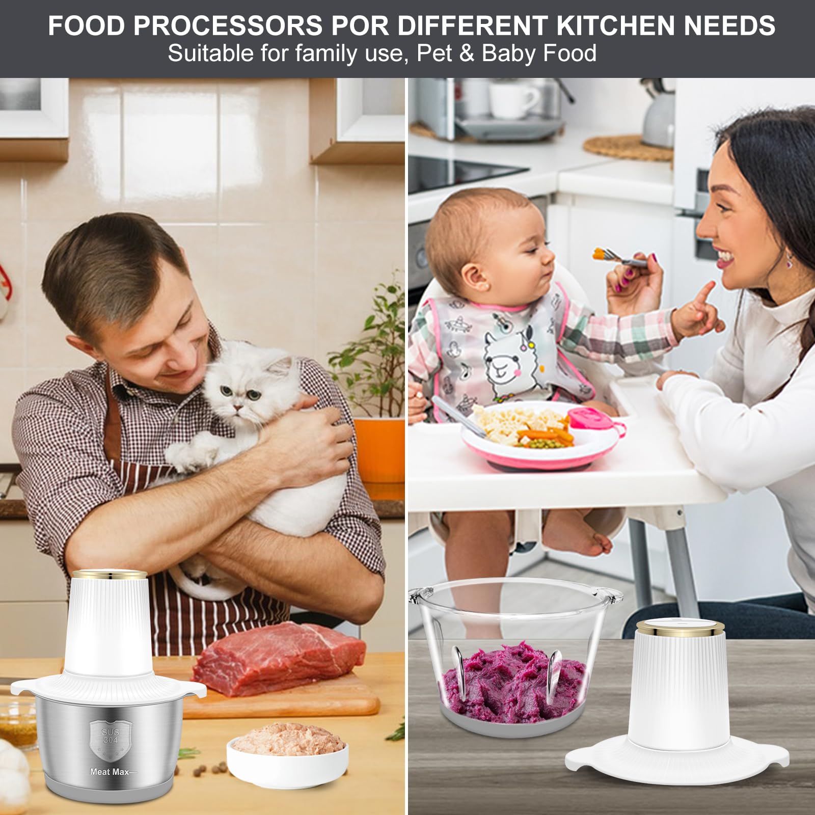 300W Electric Food Processor & Meat Grinder - 2 Speeds, 2 Bowls (8 Cup Each), 4 Bi-Level Blades - Perfect for Chopping Vegetables, Onion, Garlic, Meat, Nuts & Making Baby Food - Compact Kitchen Appliance for Everyday Cooking & Meal Prep (White, 2L Capacity)