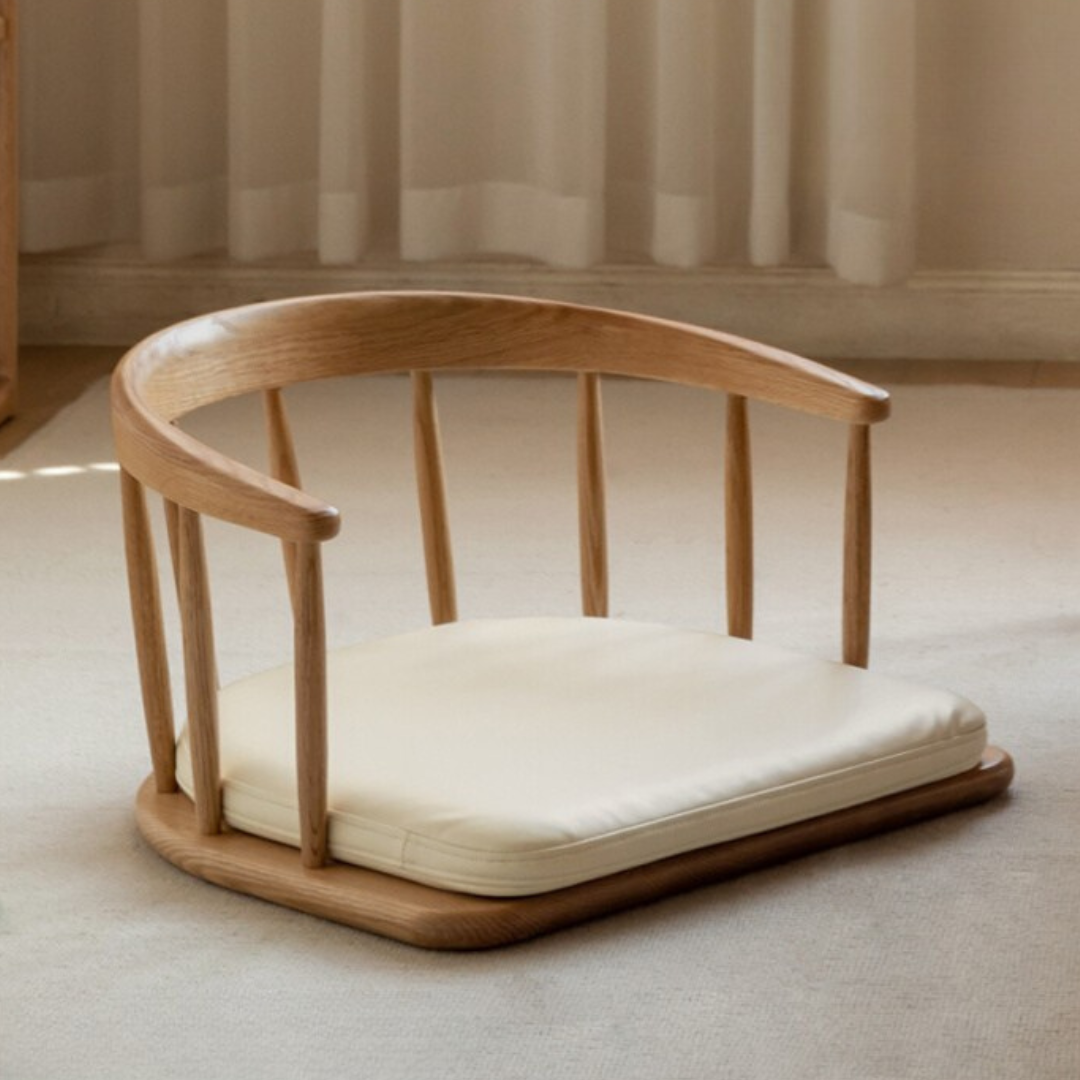 Solid Oak Wood Low Circle Floor Chair - Modern Japanese Style Tea Ceremony Seating for Meditation, Yoga & Relaxation at Home