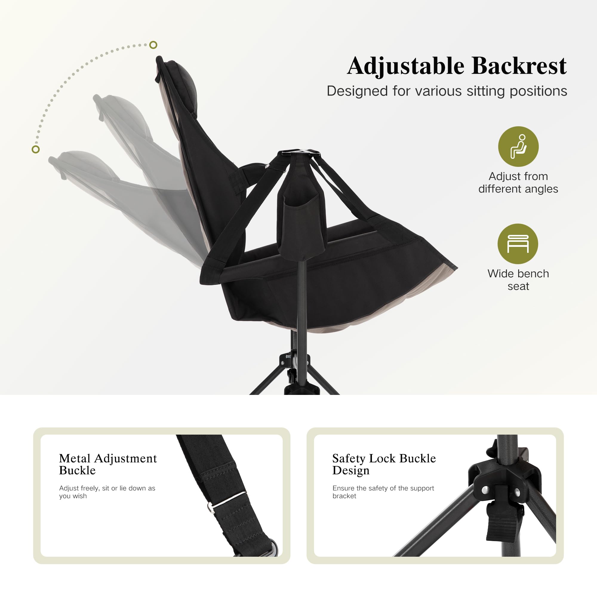 **Portable Hammock Camping Chair with Adjustable Back & Cup Holder - Heavy Duty Folding Outdoor Rocking Chair for Adults - Perfect for Backyard, Beach, Camping & Patio Relaxation - Black**