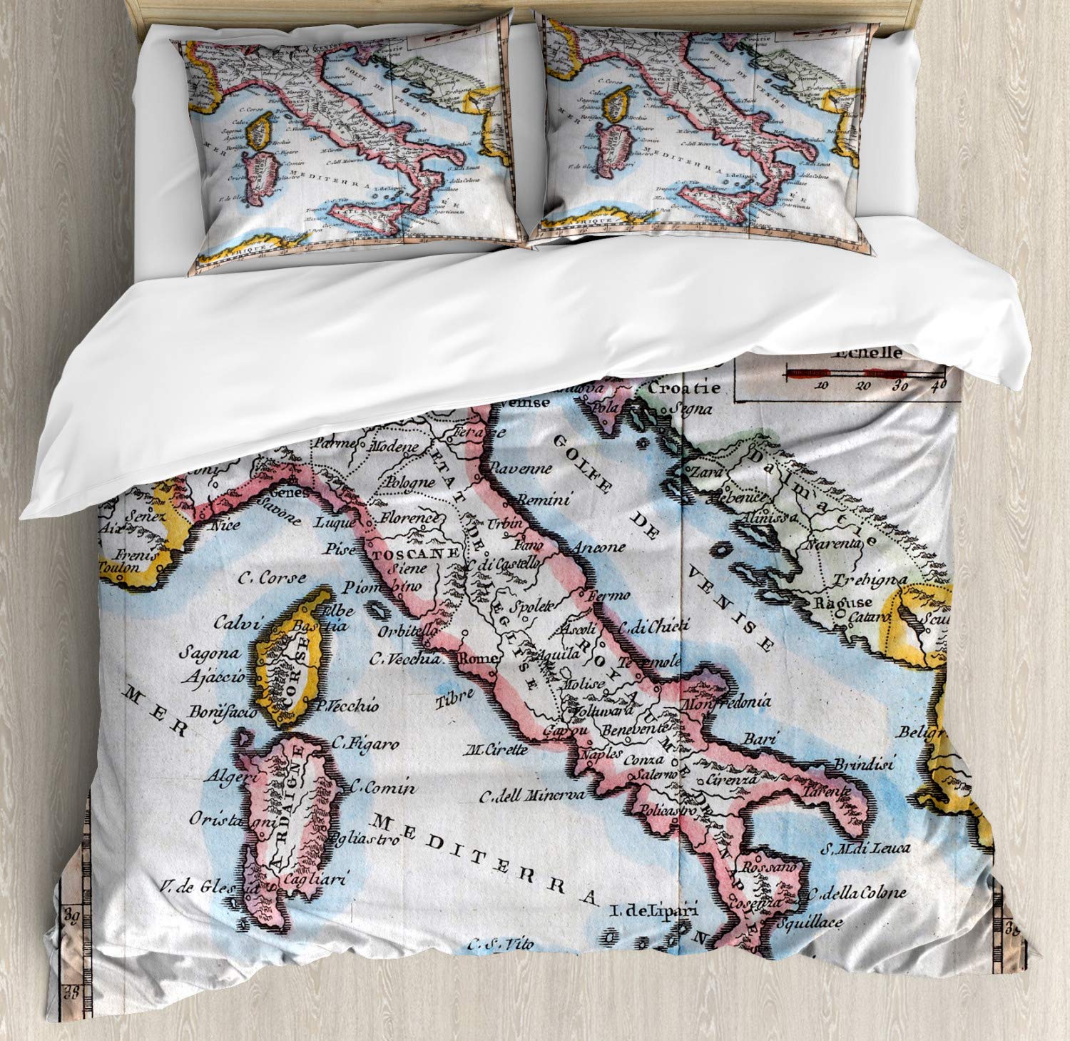 Ambesonne Vintage Italy Map Print Duvet Cover Set - 3 Piece Queen Size Bedding with 2 Pillow Shams | Retro Travel-Themed Decor for Bedroom & Guest Room | Multicolor Decorative Comforter Cover