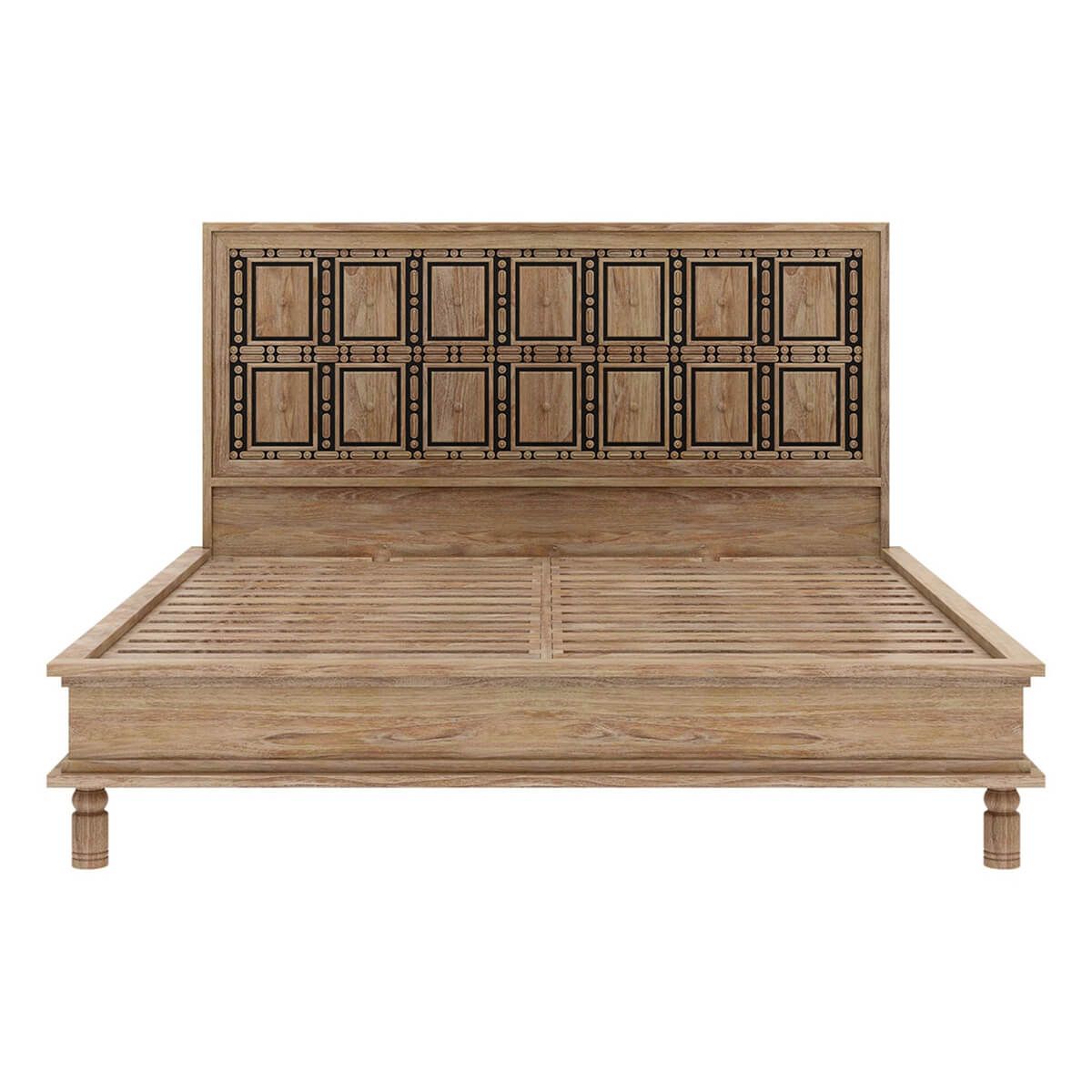 Hand Carved Solid Wood Traditional Platform Bed with Headboard - Queen Size Wooden Bed Frame for Master Bedroom, Guest Room & Modern Home Decor