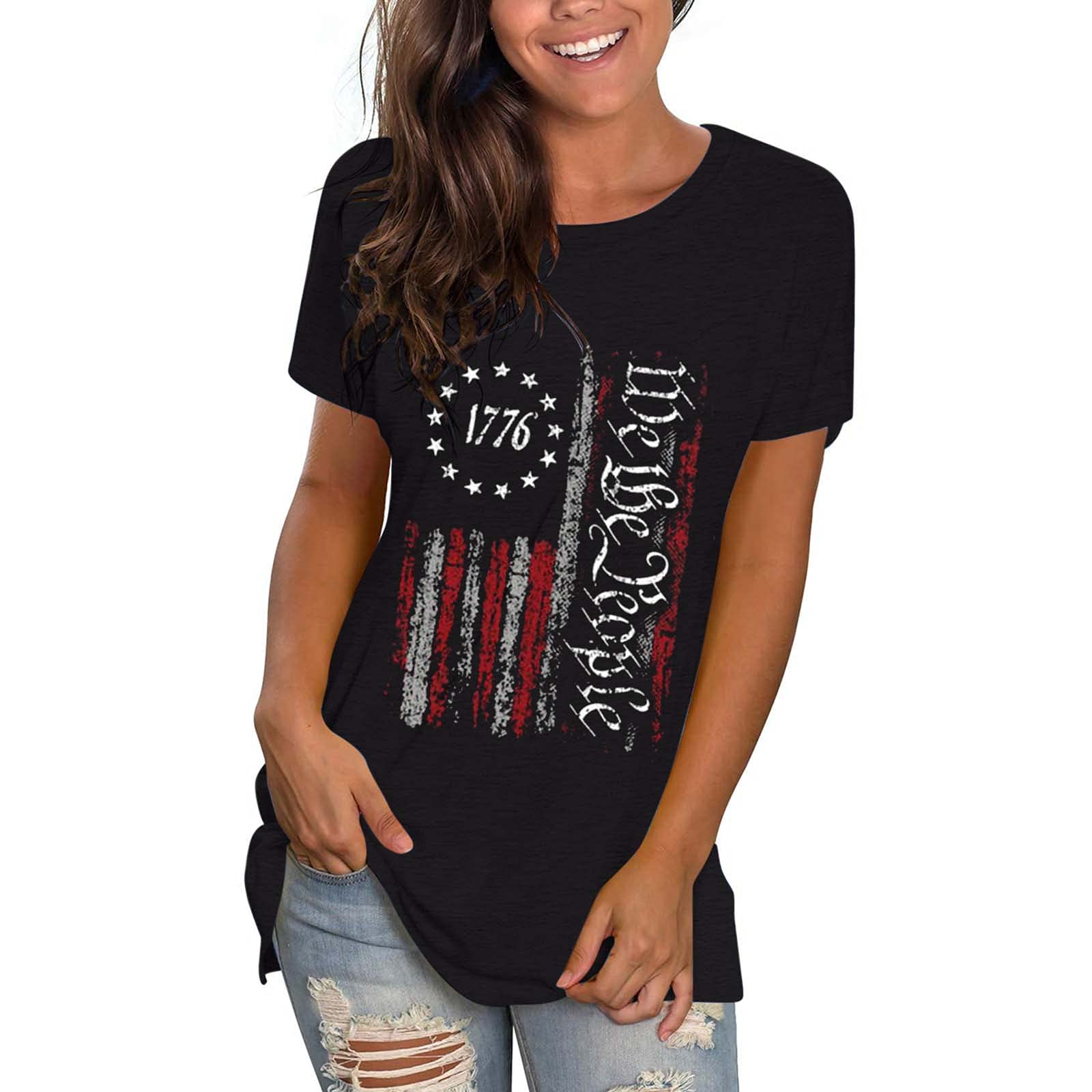 Rockia Women's Patriotic 1776 USA Flag Vintage Graphic T-Shirt - Independence Day Short Sleeve Top (Black, Large) - Perfect for 4th of July Celebrations, BBQ Parties & Patriotic Events