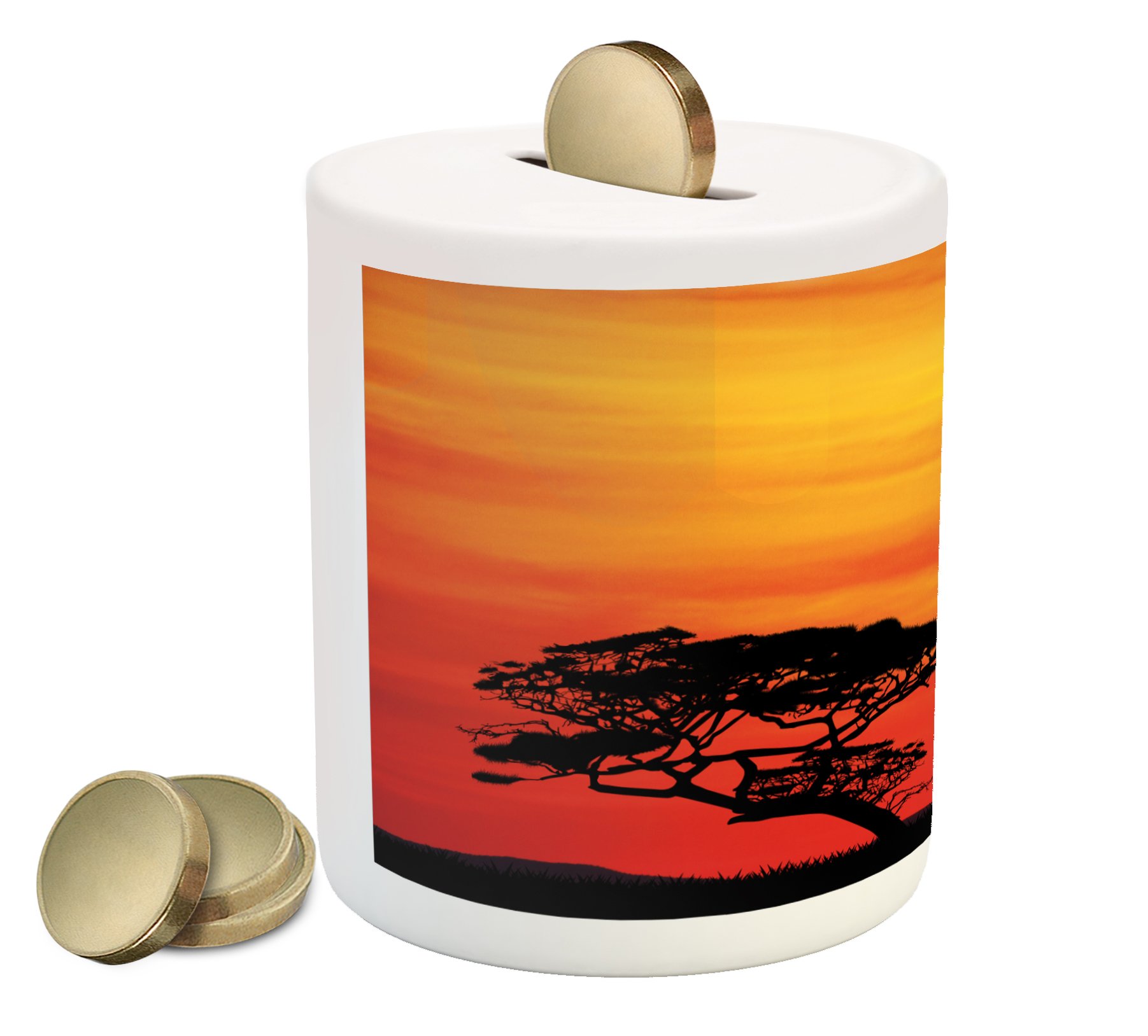 Ambesonne African Piggy Bank - Ceramic Coin Bank with Rural Countryside Landscape and Sunset Tree Print for Cash Saving (3.6