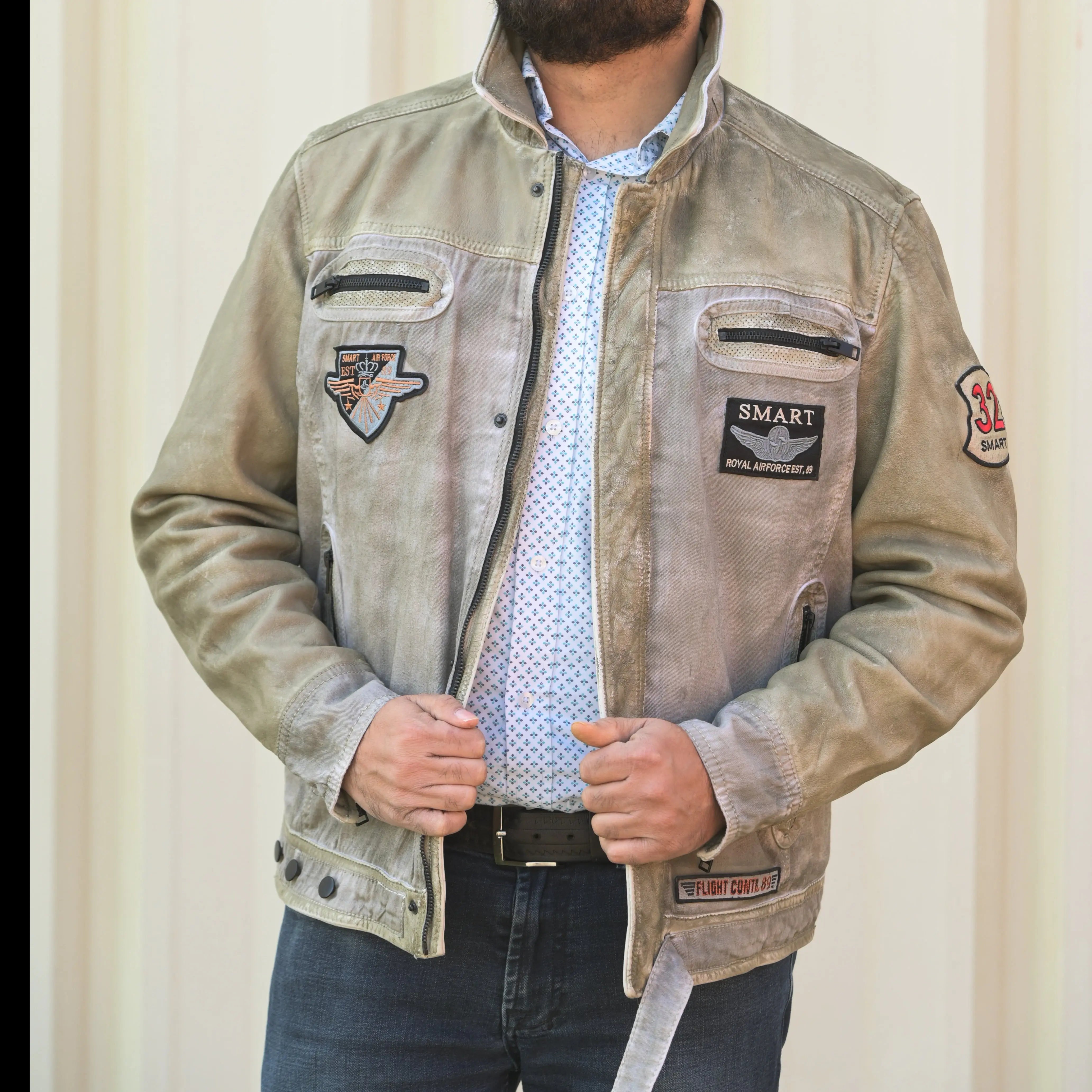 Men's Vintage Leather & Twill Bomber Jacket with Military Patches & 4 Zippered Pockets - Perfect for Casual Outings & Motorcycle Rides