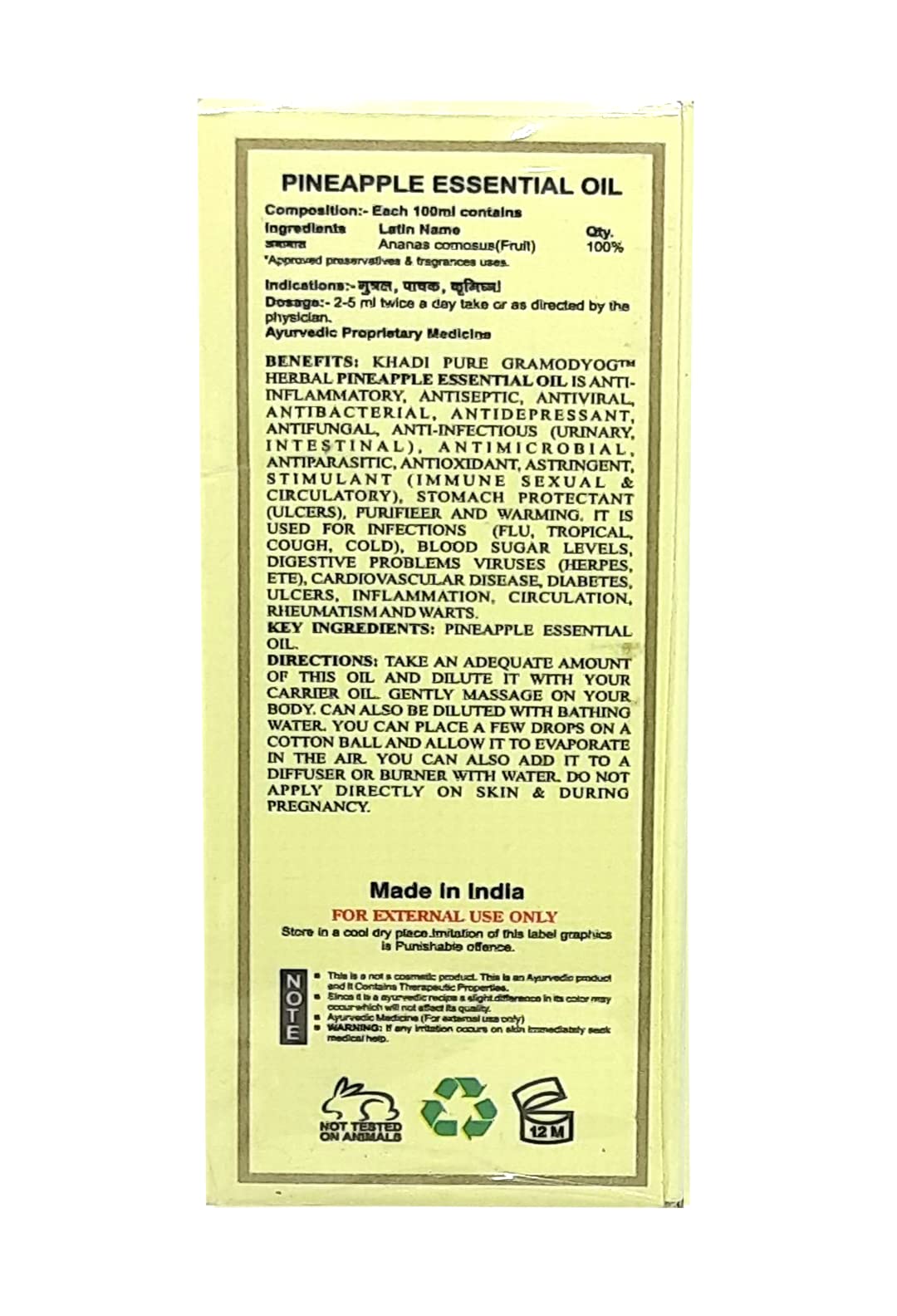 Khadi Pure Herbal Pineapple Essential Oil - 15ml | 100% Natural Aromatherapy Oil for Relaxation, Skin & Hair Care | Perfect for Diffusers, Massage & DIY Beauty Products