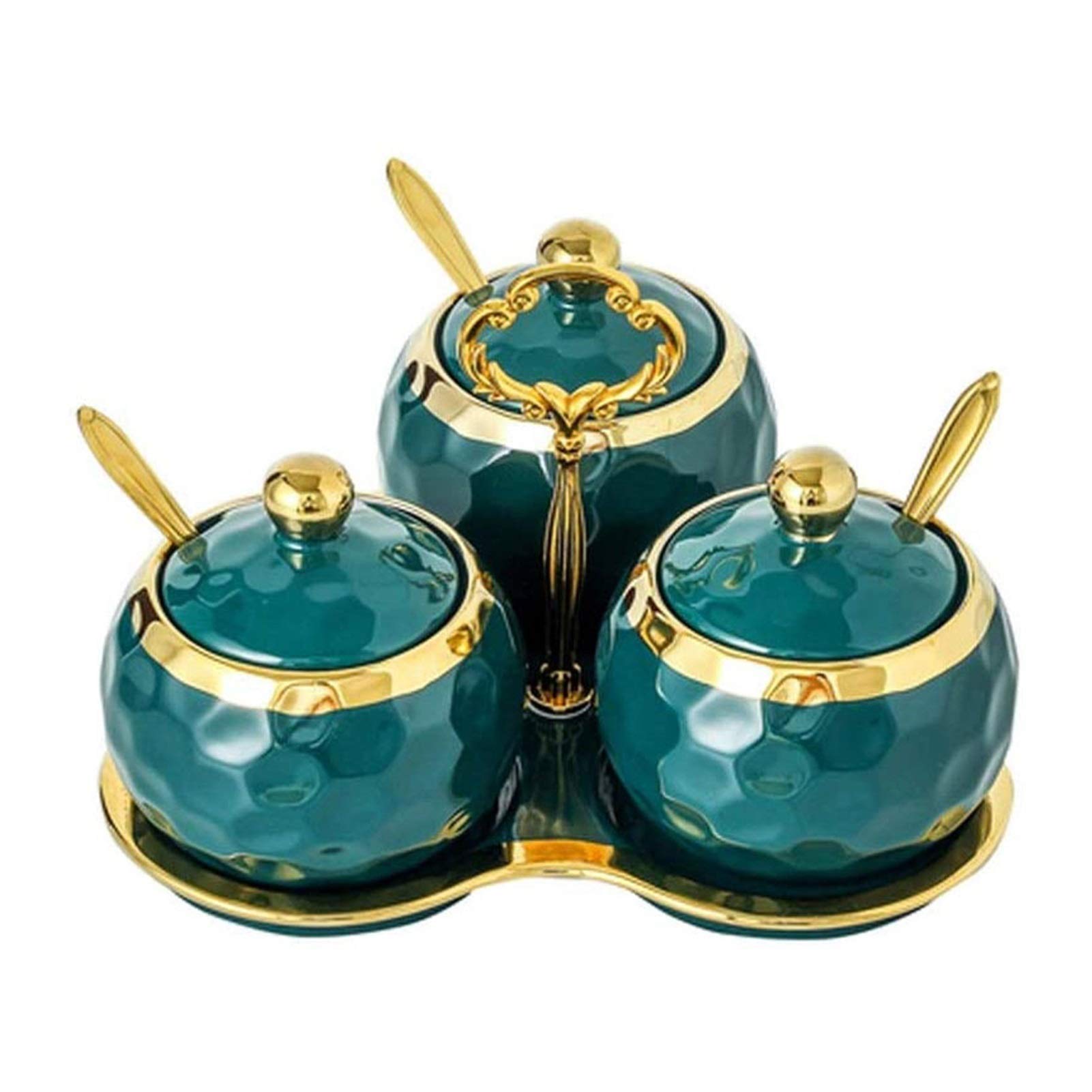 3PCS Ceramic Condiment Pots with Lids & Spoons - Spice Jars, Sugar Bowls, Salt & Pepper Containers - Elegant Serving Tray for Kitchen, Dining Table & Housewarming Gifts (Color A)
