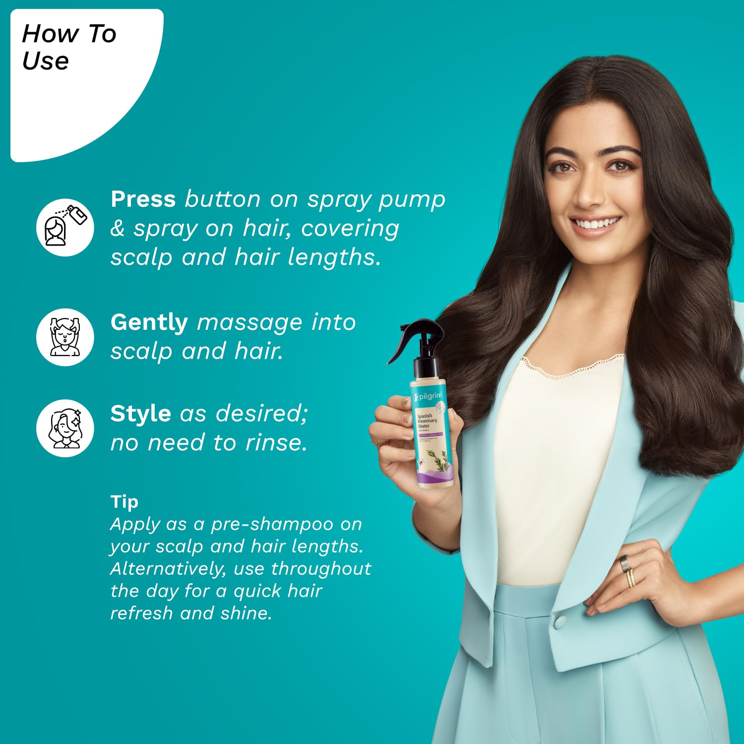 Pilgrim Spanish Rosemary Water Spray with Biotin for Hair Growth - 100ml Natural Hair Spray for Regrowth, Thicker & Stronger Hair - Sulfate & Paraben Free | Perfect for Daily Hair Care, Scalp Hydration & Styling