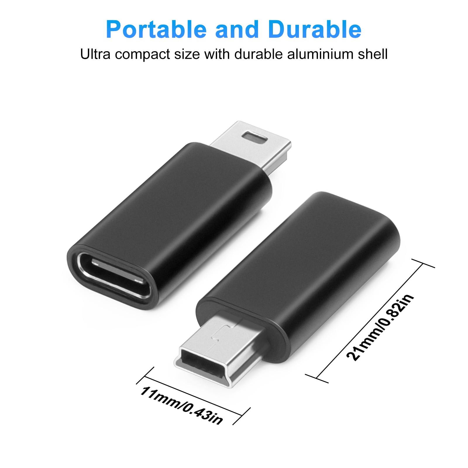 AIYEEN USB-C to Mini USB Adapter (2 Pack) - High Speed Data Transfer, Aluminum Alloy Connector - Compatible with Laptops, Tablets, Flash Drives, MP3 Players, Digital Cameras - Perfect for Charging & Syncing Devices On The Go - Black