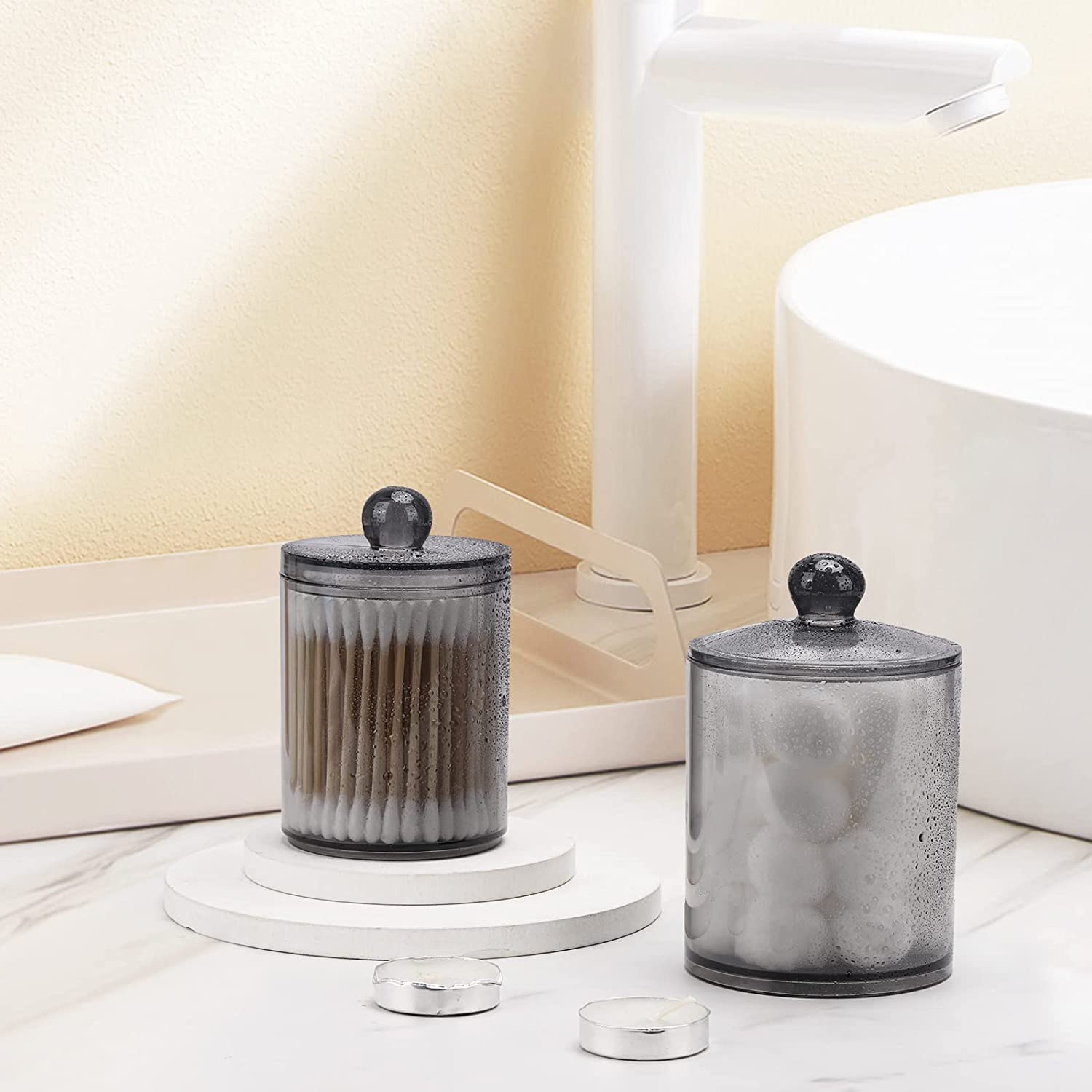 Glozzeria 4-Pack Clear Plastic Jars with Airtight Lids - Cotton Swab & Ball Pad Storage Containers, Makeup Organizer for Floss Picks, Cosmetics, Jewelry | Perfect for Bathroom Counter, Vanity & Travel Organization