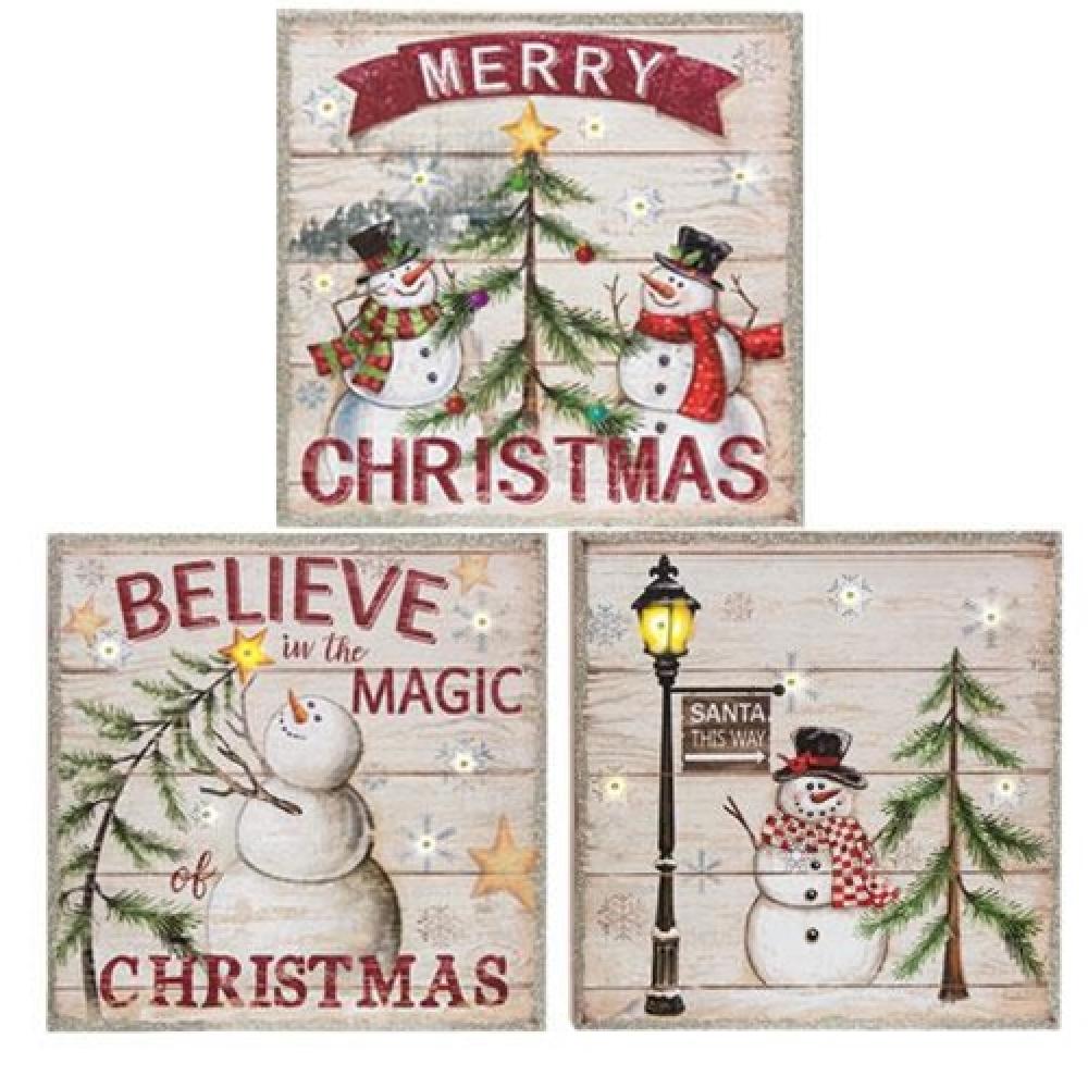 Snowman Pallet Sign with LED Lights - 3 Assorted Designs for Christmas Decor, Holiday Home Party, and Winter Festival Decoration
