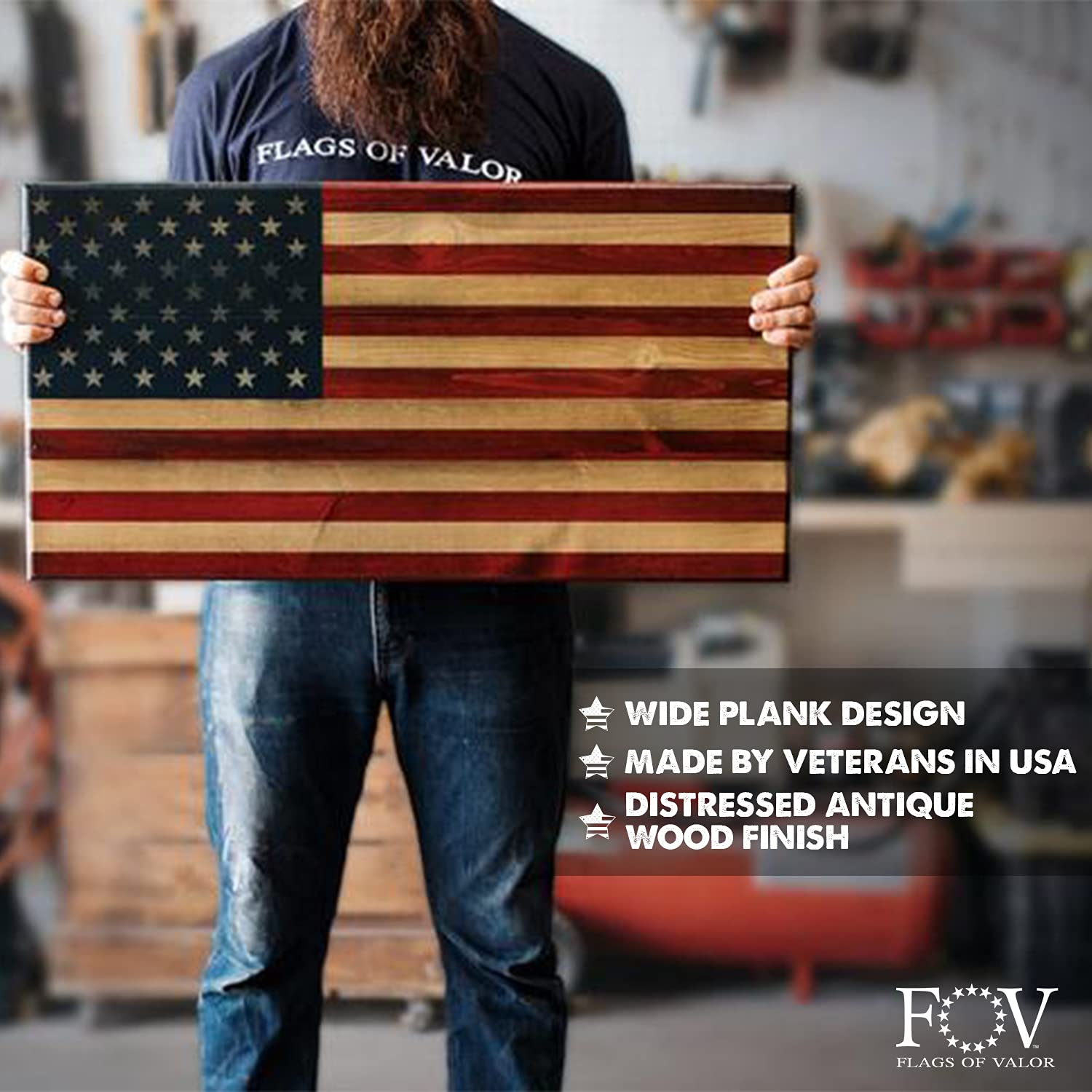 Handcrafted Wooden American Flag - Patriotic Wall Art Decor Made in USA by Veterans | Large 22x42 Inch US Flag Wall Hanging for Man Cave, Living Room, Office & Home | Ready to Hang, Durable Wood Wall Decor