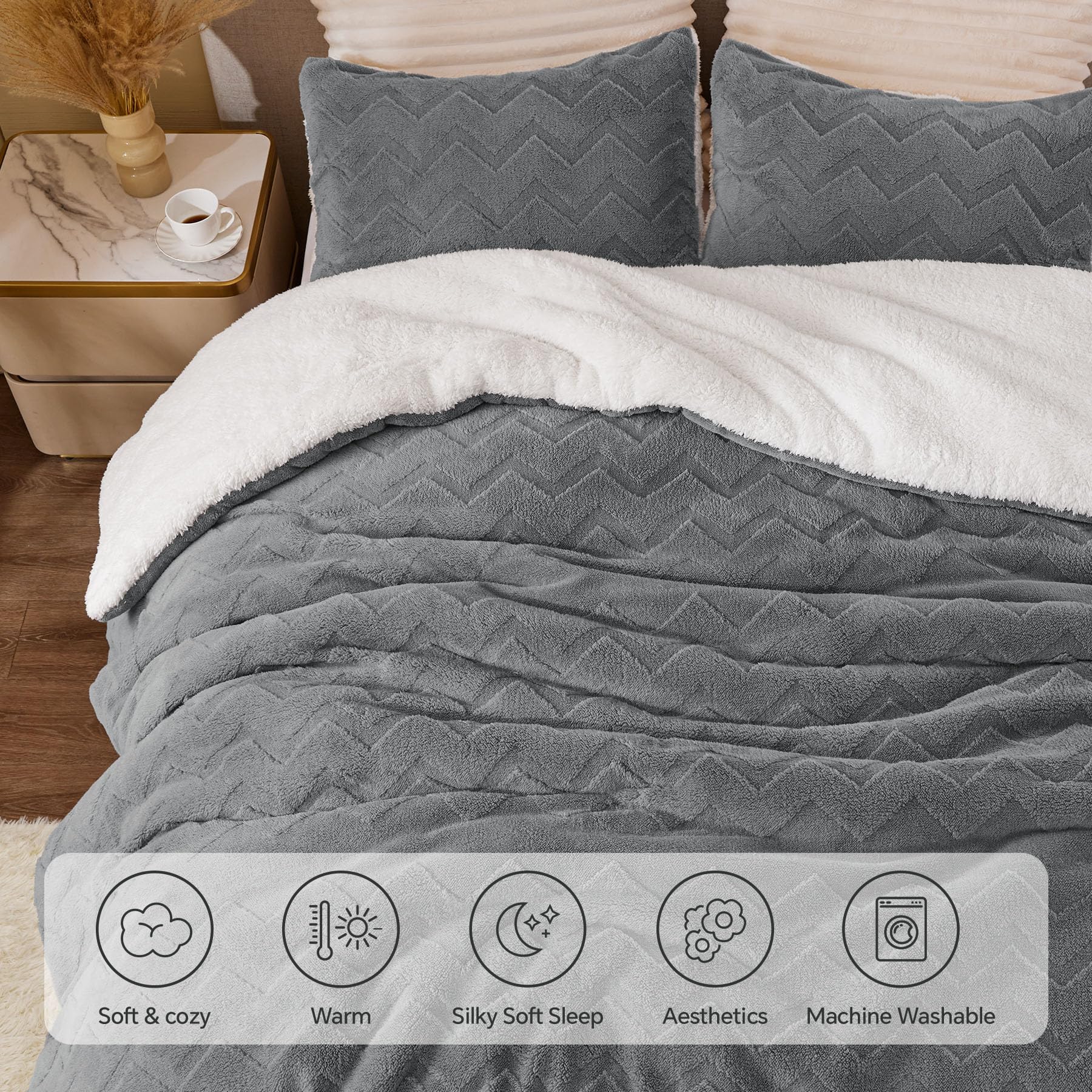 BEDELITE Fluffy Queen Comforter Set - Ultra Soft Sherpa Grey Bedding for Queen Size Bed | 3-Piece Luxury Winter Comforter Set with 1 Comforter & 2 Pillow Shams | Perfect for Cozy Winter Nights, Guest Rooms & Cold Weather Bedding