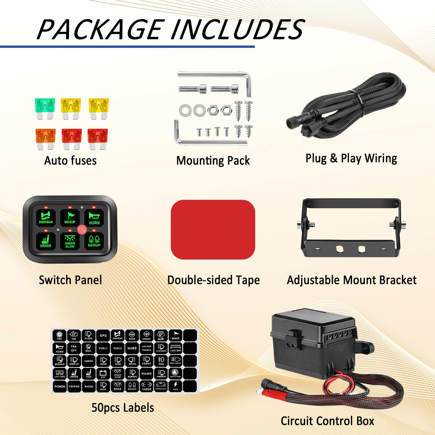 Avenemark 6 Gang Switch Panel - Universal Circuit Control Relay System with Fuse & Wiring Harness - Dimmable ON/OFF LED Switch Pod for Cars, Trucks, Boats, ATV, UTV, SUV - Perfect for Off-Roading, Marine & Vehicle Customization