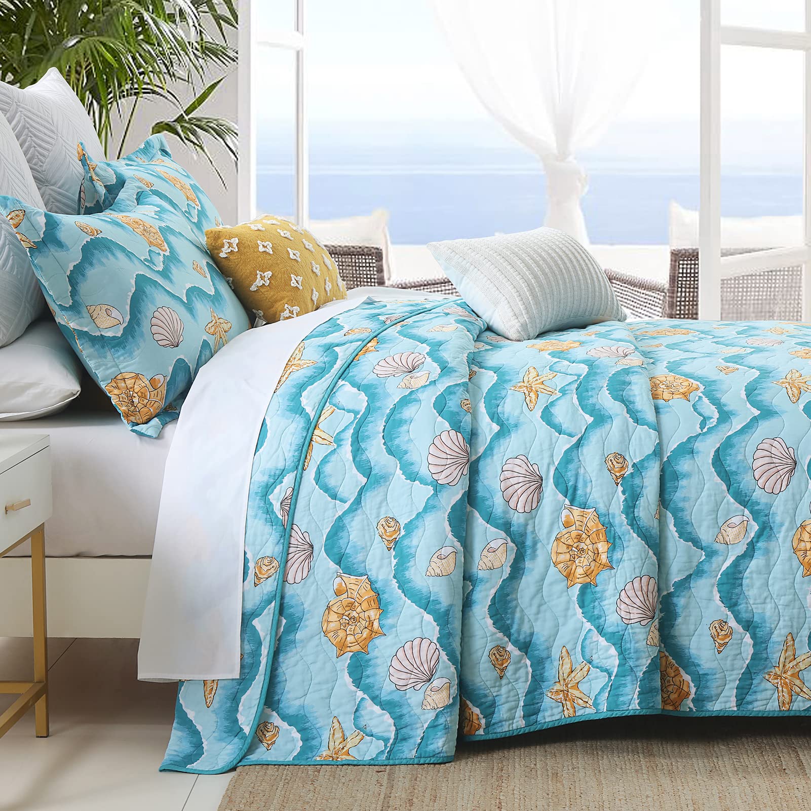 SahSahCasa 100% Cotton Queen Size Quilt Set - Reversible Lightweight Summer Comforter Bedspread for Adults & Kids | Coastal Blue 3-Piece Bedding | Perfect for Beach House, Guest Room & Summer Nights