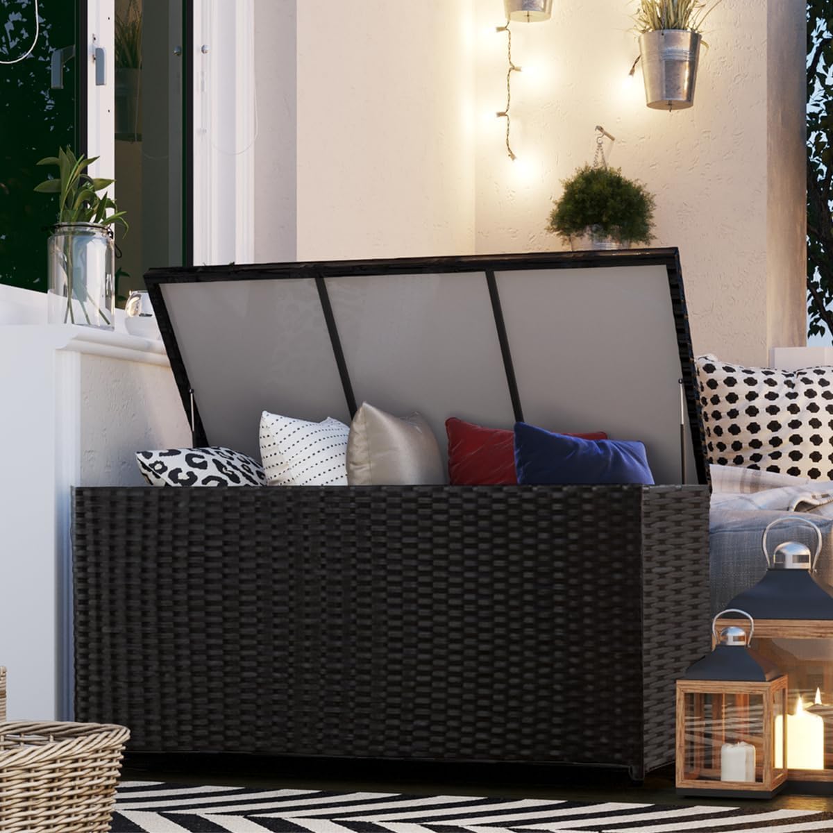 70 Gallon Outdoor Wicker Storage Box with Waterproof Liner - PE Rattan Patio Deck Box with Hinged Lid for Cushions, Pillows & Towels - Weatherproof Horizontal Storage Bin for Backyard, Poolside & Garden (Black)