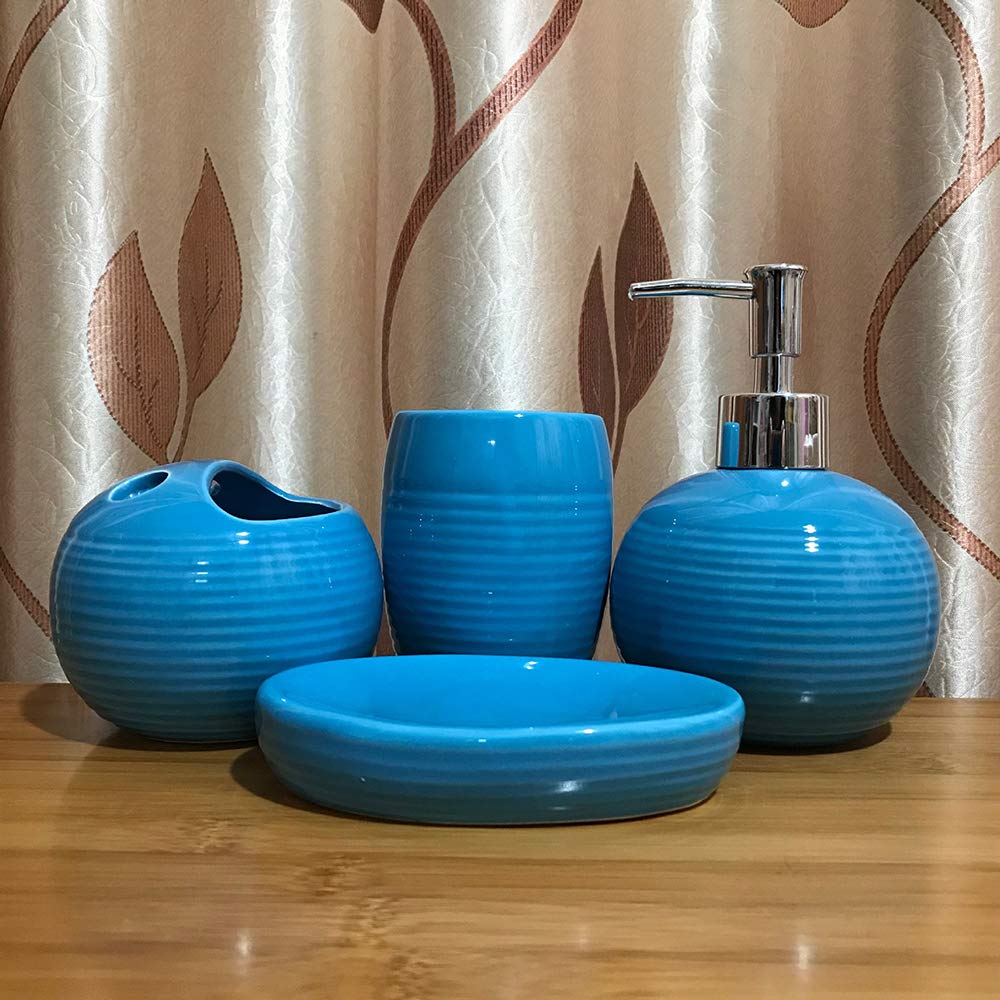 XIAOL 4-Piece Ceramic Bathroom Accessory Set - Soap Dispenser, Toothbrush Holder, Drinking Cup & Soap Dish in Blue | Modern Bathroom Decor for Home, Apartment & Guest Bathroom