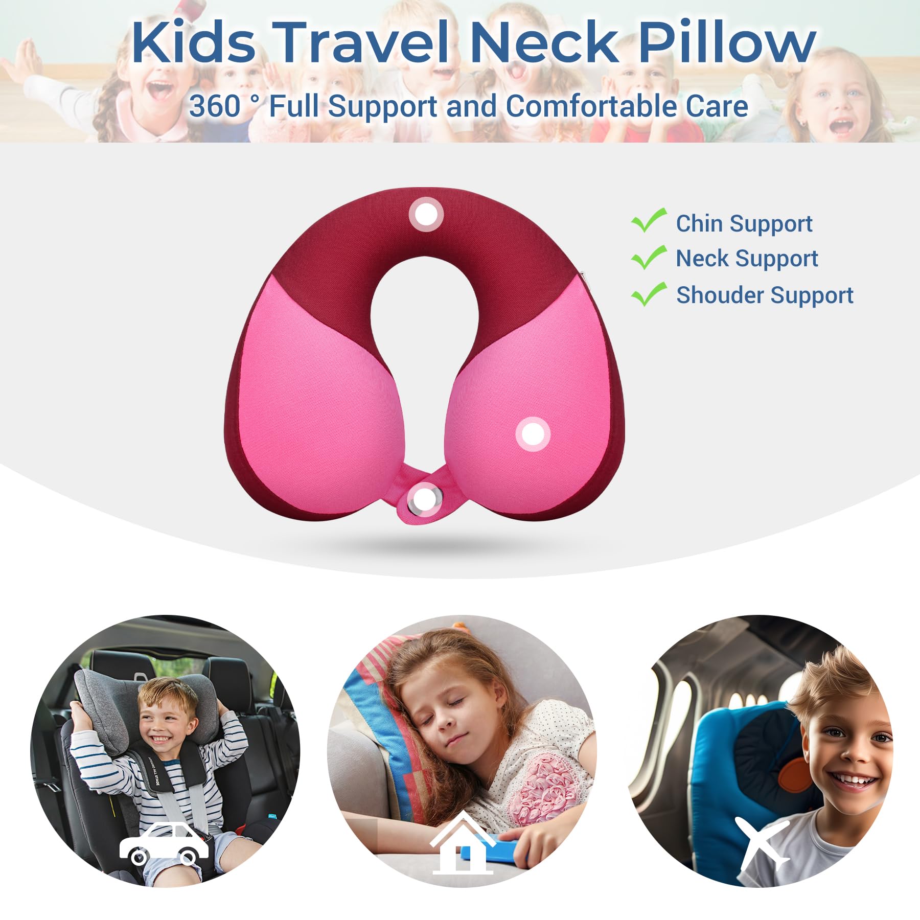 COOLBEBE Kids Travel Neck Pillow - Soft & Comfortable Headrest for Airplane, Car Rides - Perfect Travel Gift for Toddlers & Children (Raspberry Pink) - Ideal for Long Flights, Road Trips & Nap Time