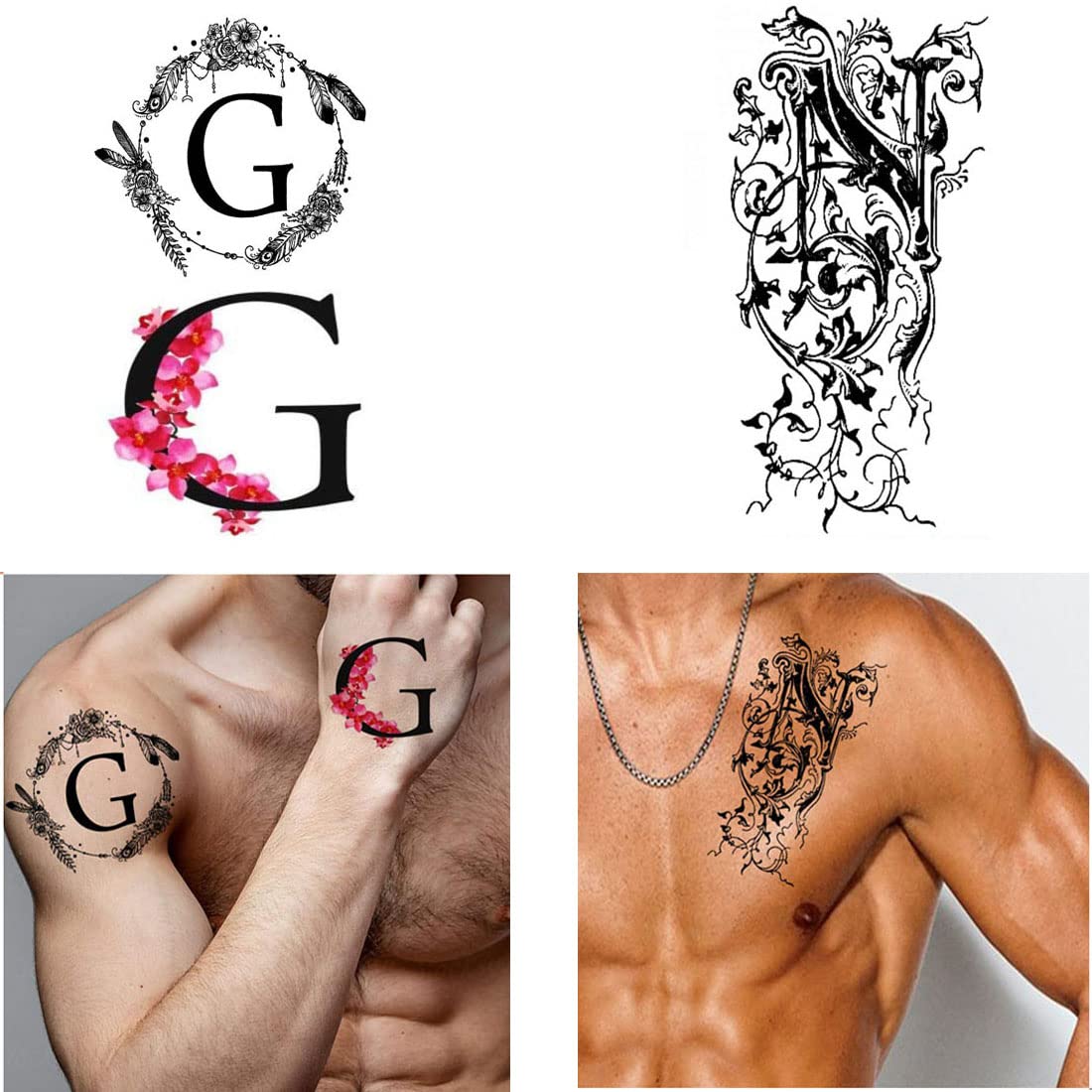 Waterproof Temporary Letter Tattoos for Boys & Girls - GN Name Design - Pack of 2 - Perfect for Parties, Halloween & Summer Fun