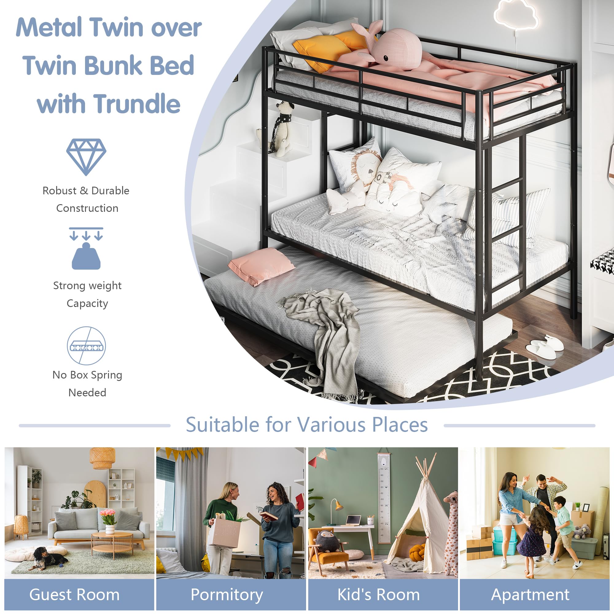 Metal Twin Over Twin Bunk Bed with 2 Secure Ladders & Trundle Daybed - Space-Saving Loft Bed Frame with Safety Rails, Quiet Design for Small Rooms - Perfect for Kids' Bedrooms, Guest Rooms & Dormitories (Black)