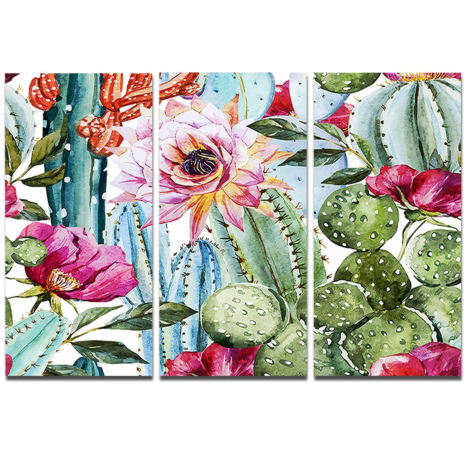 Cactus Watercolor Floral Digital Art Metal Wall Decor - 3 Panel Set 36x28 Inches - Modern Home & Office Wall Art for Living Room, Bedroom, or Office