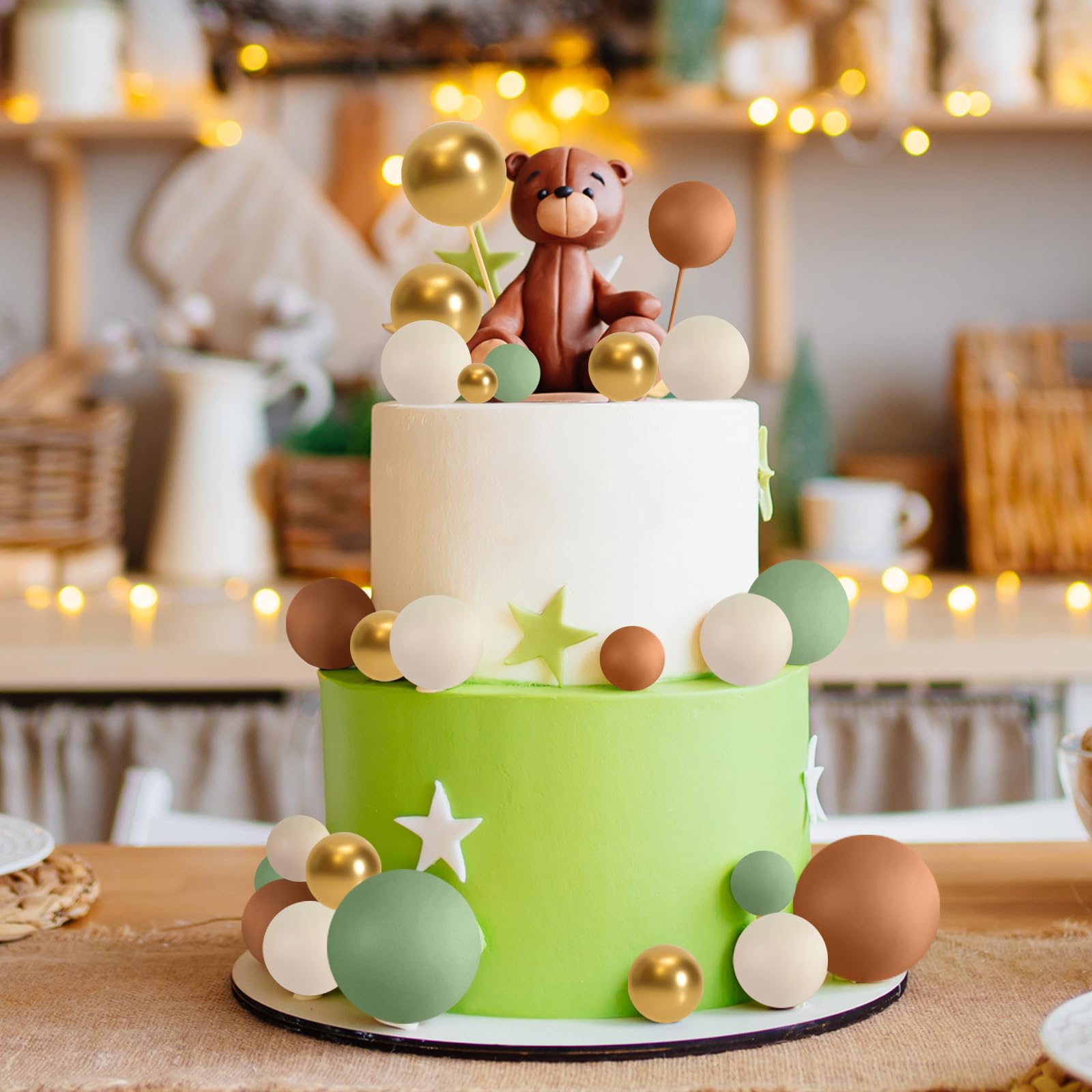 ASTARON 32 Pcs Ball Cake Topper Decorations - Mini Balloons Cake Topper Sticks, Foam Balls Cake Picks for Wedding, Birthday Party Cake Decorating (Green, Brown, Gold) - Perfect for DIY Desserts and Celebration Cakes