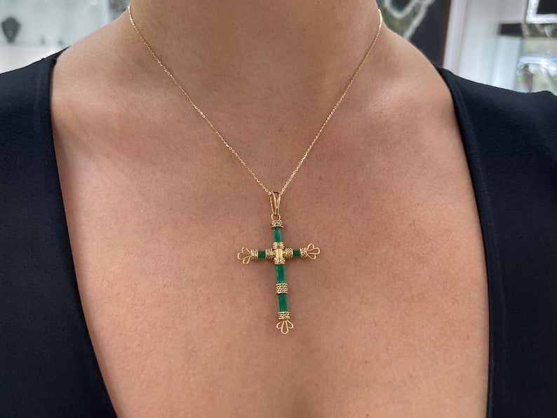 7.69tcw 18K Gold Colombian Emerald Cross Pendant - Genuine Rough Crystal Jewelry for Women - Perfect for Gifts, Weddings & Special Occasions