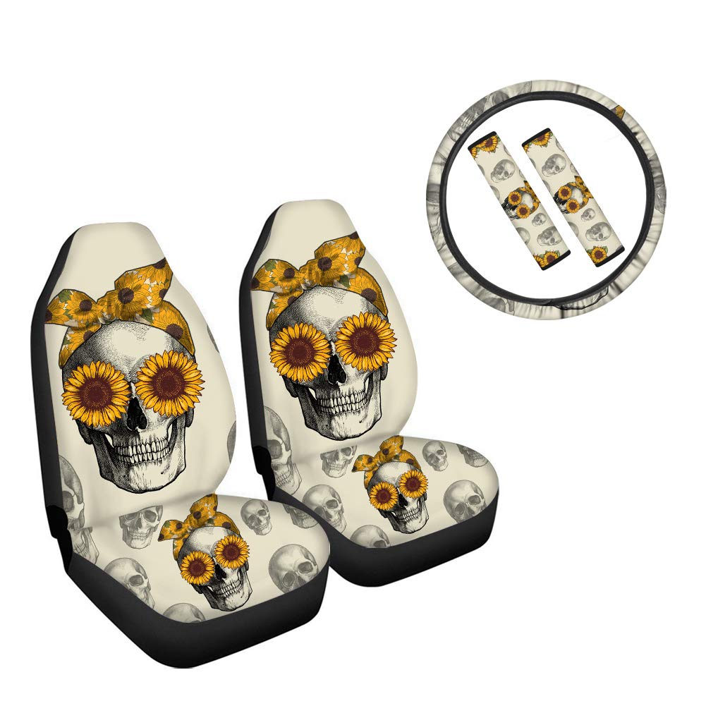 Biyejit Skull Sunflower Print 5-Piece Car Seat Protector Set - Universal Front Seat Covers, Steering Wheel Cover & Seatbelt Pads for SUV, Van, Sedan - Perfect for Road Trips & Daily Commutes