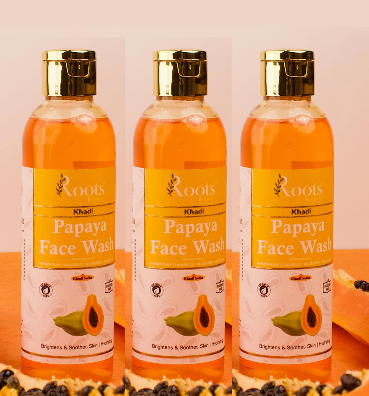 Roots Botanix Papaya Face Wash for Glowing Skin - Brightening, De-Tan Cleansing, Anti-Pollution & Pimple Control - 200ml Liquid Soap (Pack of 3) | Perfect for Daily Skincare Routine & Travel-Friendly Beauty Essential
