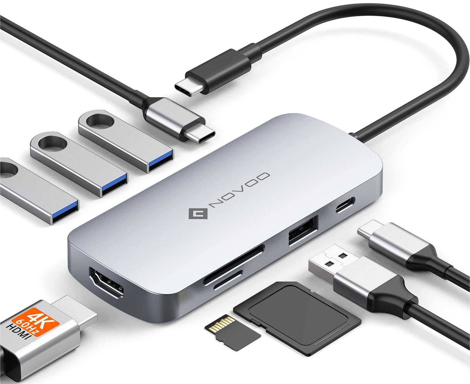 NOVOO 9-in-1 USB C Hub with 4K@60Hz HDMI, 5 USB Ports, 100W PD, SD/TF Card Reader - USB C Adapter for MacBook Pro/Air, HP, Dell, Lenovo, ASUS Laptops - Perfect for Home Office, Video Conferencing & Multi-Screen Workstations