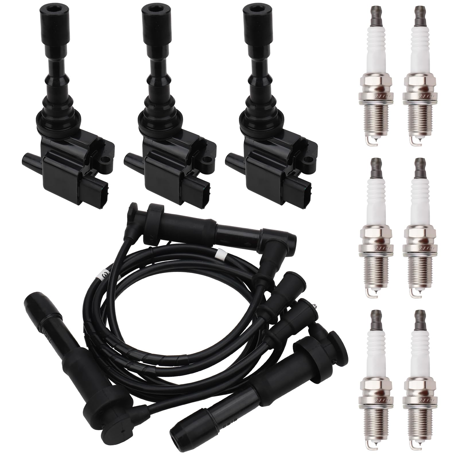 IRONTEK 3PCs Ignition Coil UF432 with 6 Spark Plugs & Wire Set - Compatible with 2001-2005 Hyundai XG300/XG350 & Kia Sedona - Replaces UF432 2730039000 C1353 - Perfect for Engine Tune-ups & Performance Upgrades
