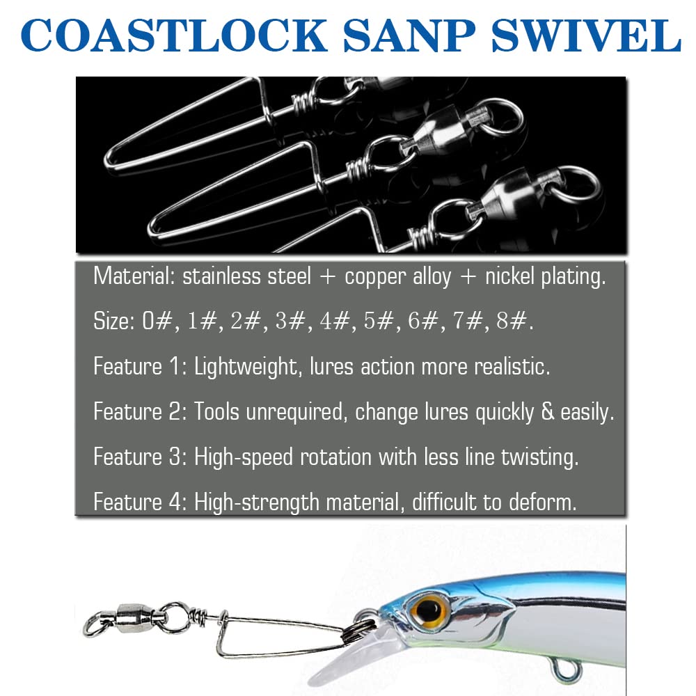 AMYSPORTS High Strength Fishing Snap Swivels - Ball Bearing Swivels with Stainless Steel Construction & Saltwater Corrosion Resistance - Barrel Swivel for Freshwater, Saltwater Fishing - Perfect for Lure Rigging, Trolling & Offshore Angling