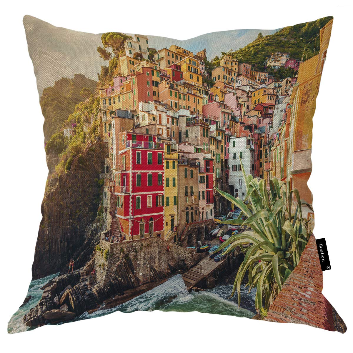 Beabes Sunset View Throw Pillow Covers - 18x18 Inch Cotton Linen Decorative Cushion Covers with Ancient Italian Cliff & Coastal Landscape Design for Sofa, Bed, Couch - Perfect for Living Room, Bedroom & Home Decor