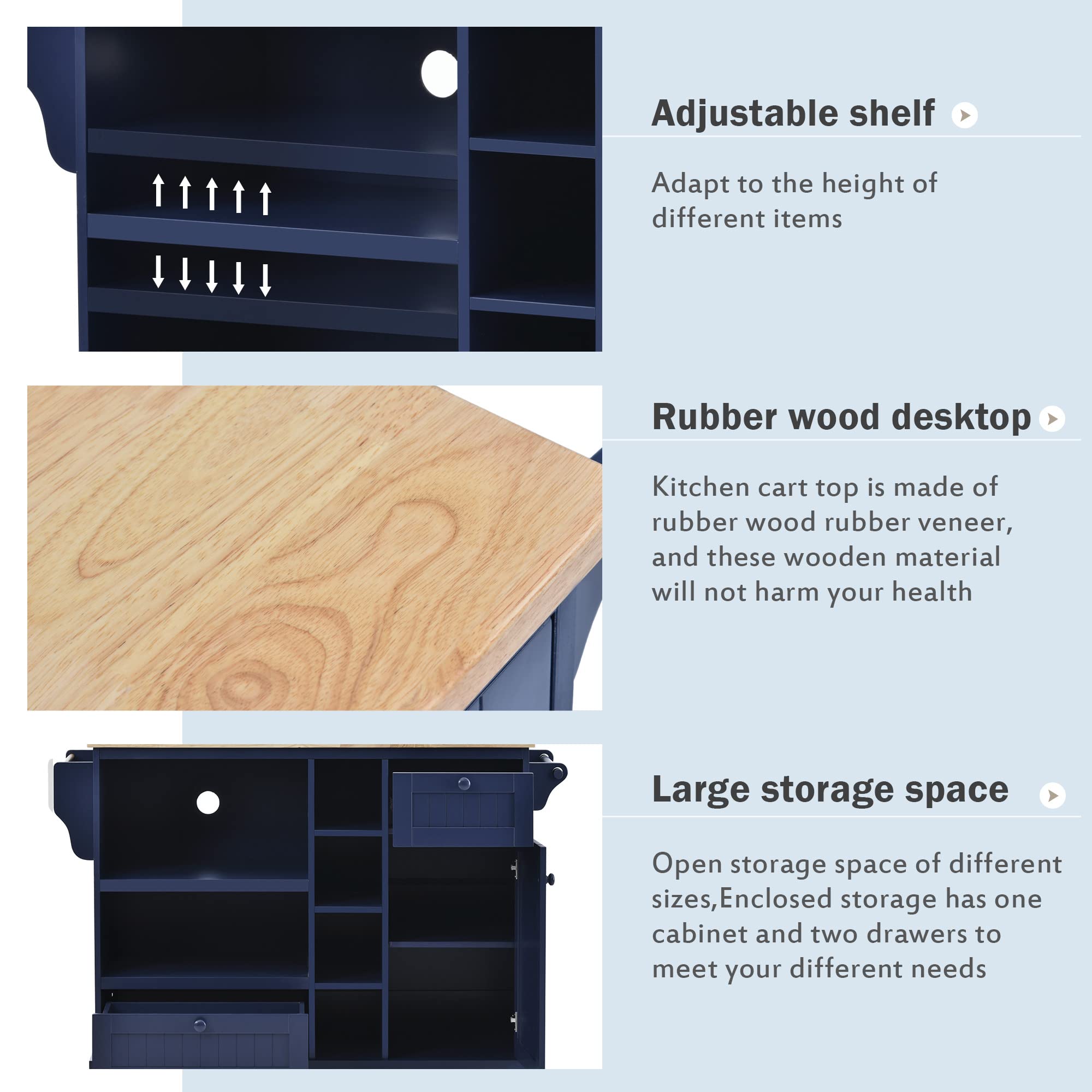 Solid Wood Kitchen Island Cart with Storage Cabinet & Microwave Shelf - Mobile Kitchen Cart for Dining Room, Living Room - Perfect for Small Spaces & Entertaining (Dark Blue)