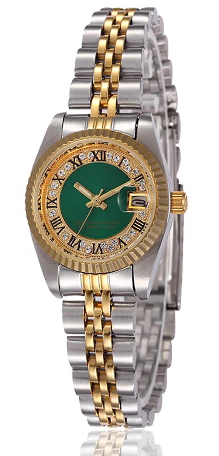 Reginald Women's Luxury Diamond Dial Quartz Watch - Stainless Steel Waterproof Date Display - Silver Gold Two Tone Green Wristwatch for Business, Party & Formal Occasions
