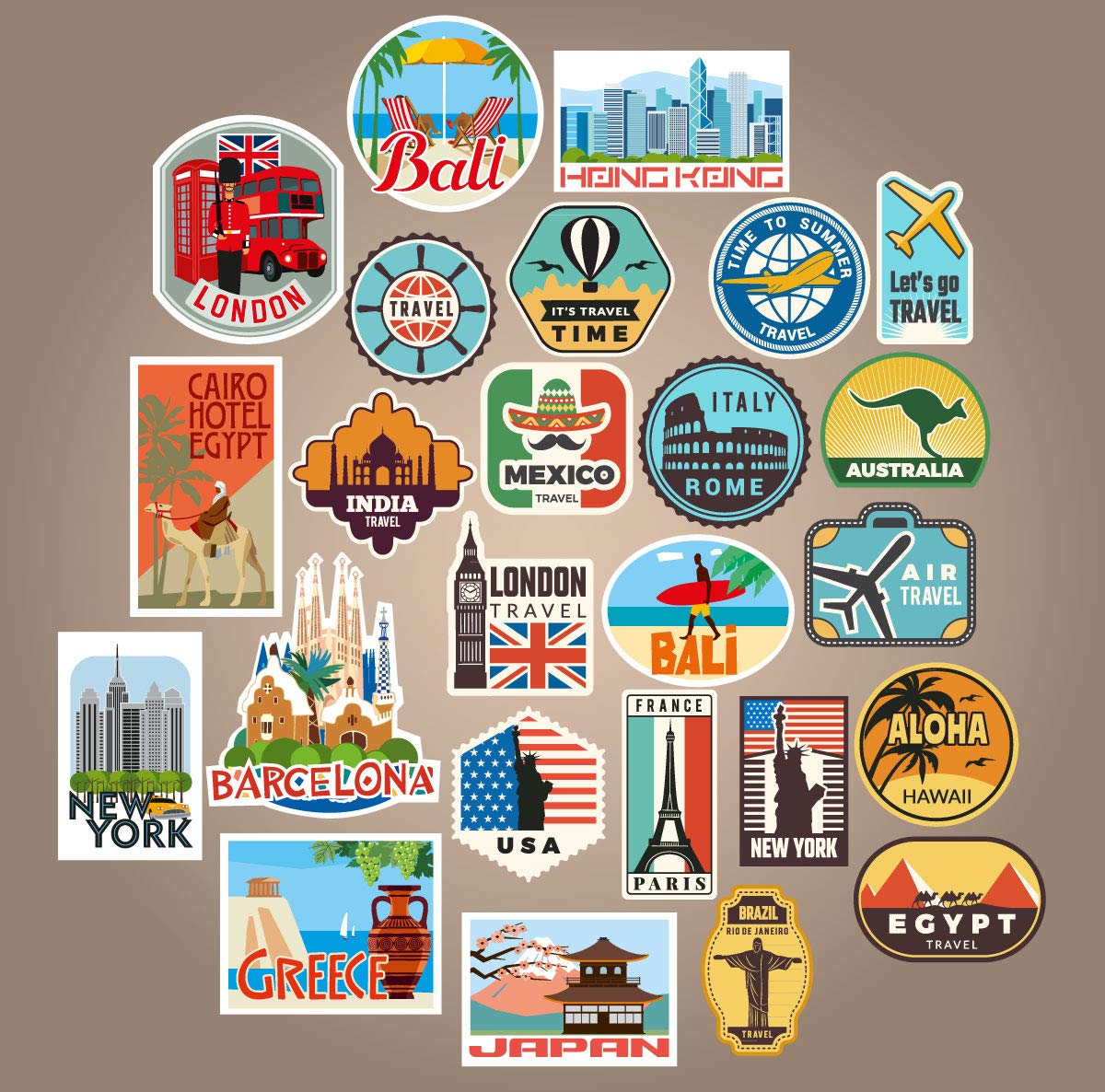 25 Pack Vintage Travel Luggage Stickers - Retro Graffiti Vinyl Decals for Suitcases, Cars, iPhones, Doors, Skateboards & Fridges - Waterproof Durable Sticker Bomb Style Patches for Travel, Home & Cafe Decor